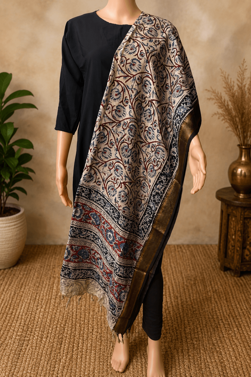 Nizam Border Kalamkari Dupatta- NBKHBD-N-M176