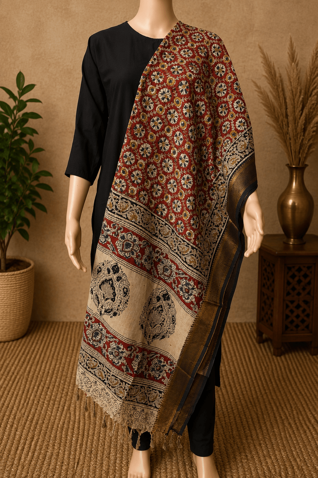 Nizam Border Kalamkari Dupatta- NBKHBD-N-M178