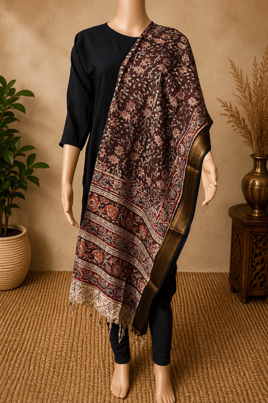 Nizam Border Kalamkari Dupatta- NBKHBD-N-M177