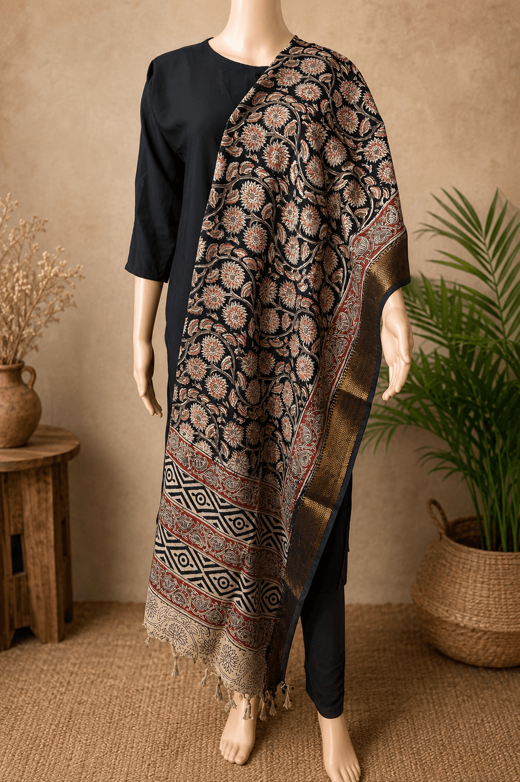 Nizam Border Kalamkari Dupatta- NBKHBD-N-M180