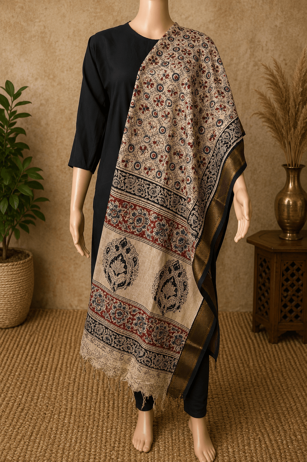 Nizam Border Kalamkari Dupatta- NBKHBD-N-M175