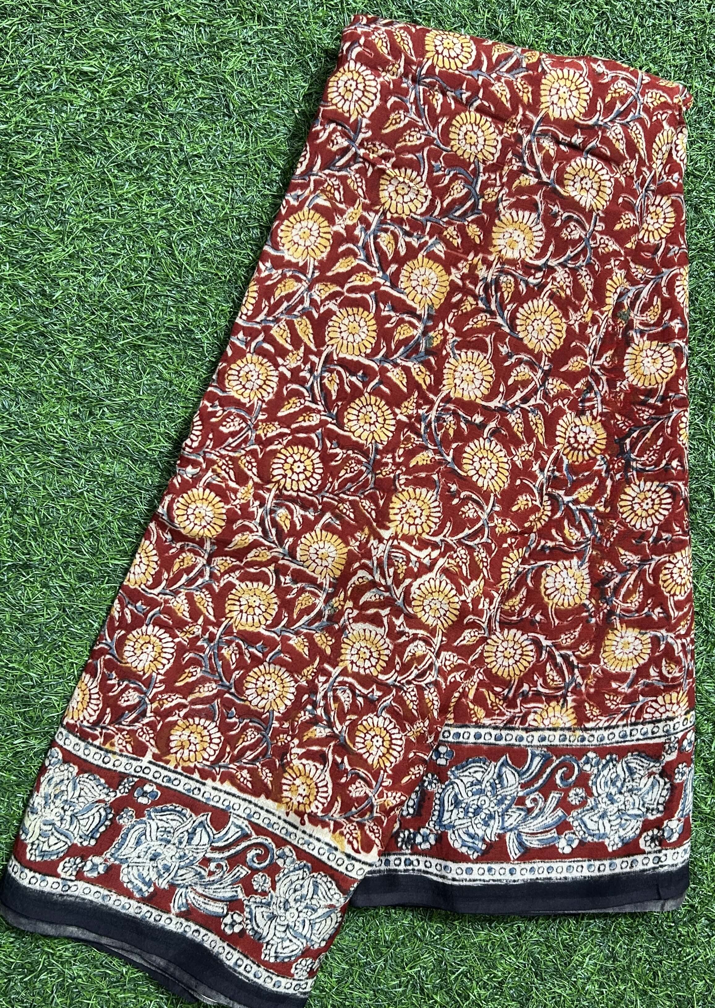 Hand Block Printed Kalamkari Chenuri Silk Saree KCSS-HB-M100