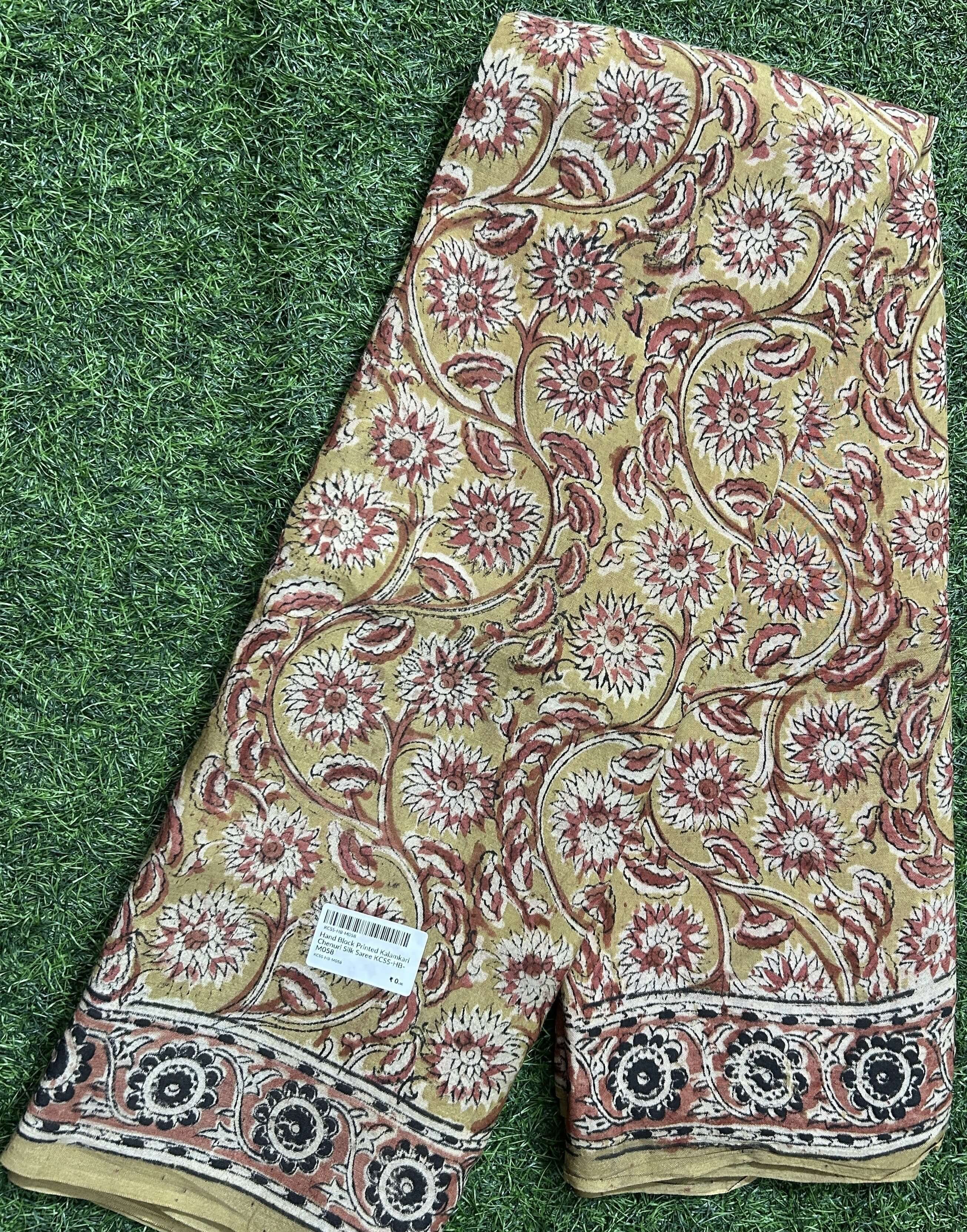 Hand Block Printed Kalamkari Chenuri Silk Saree KCSS-HB-M090