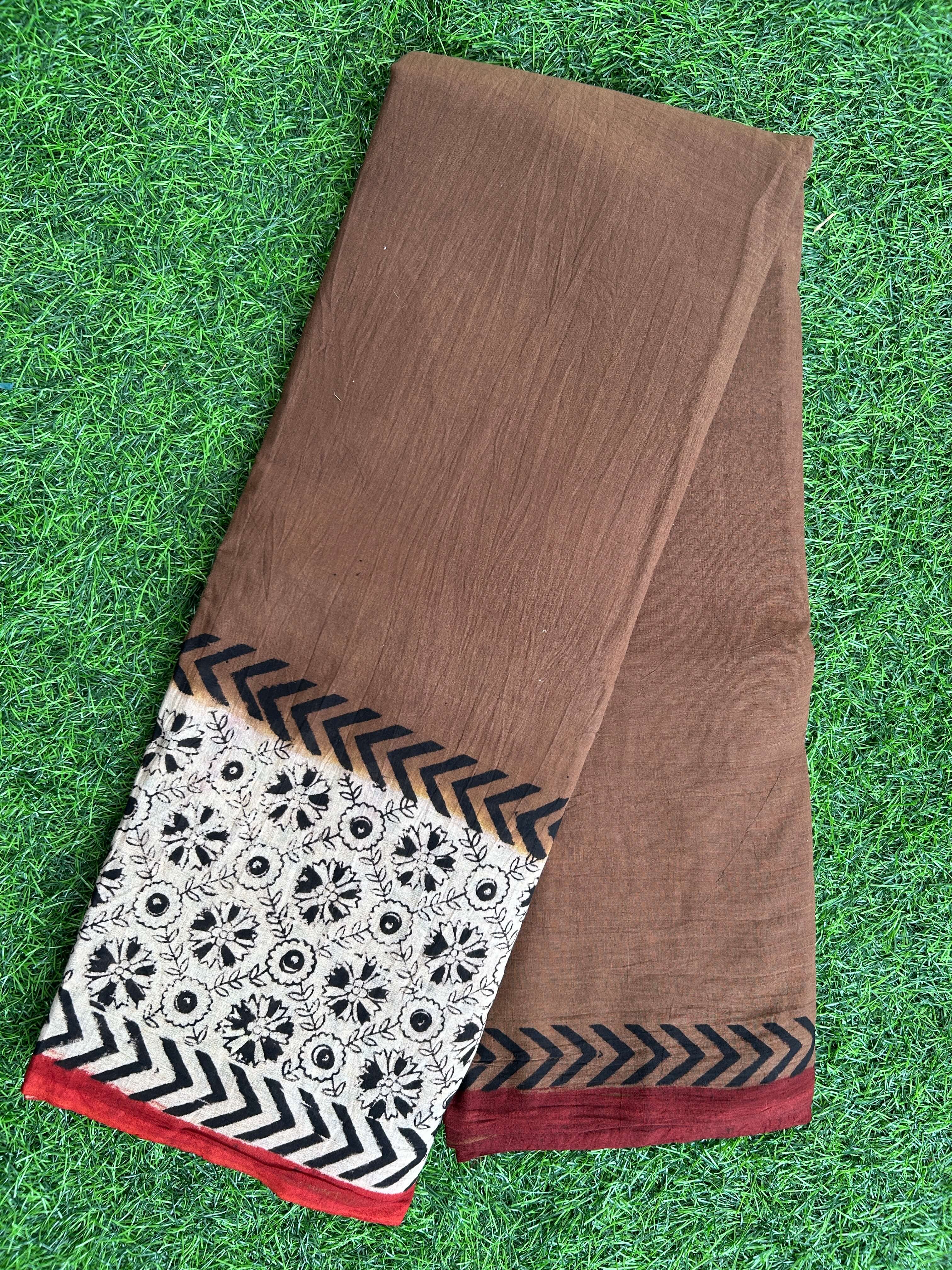 Kalamkari Cotton Hand Printed Gap Border Saree KCS-HPGB-M003