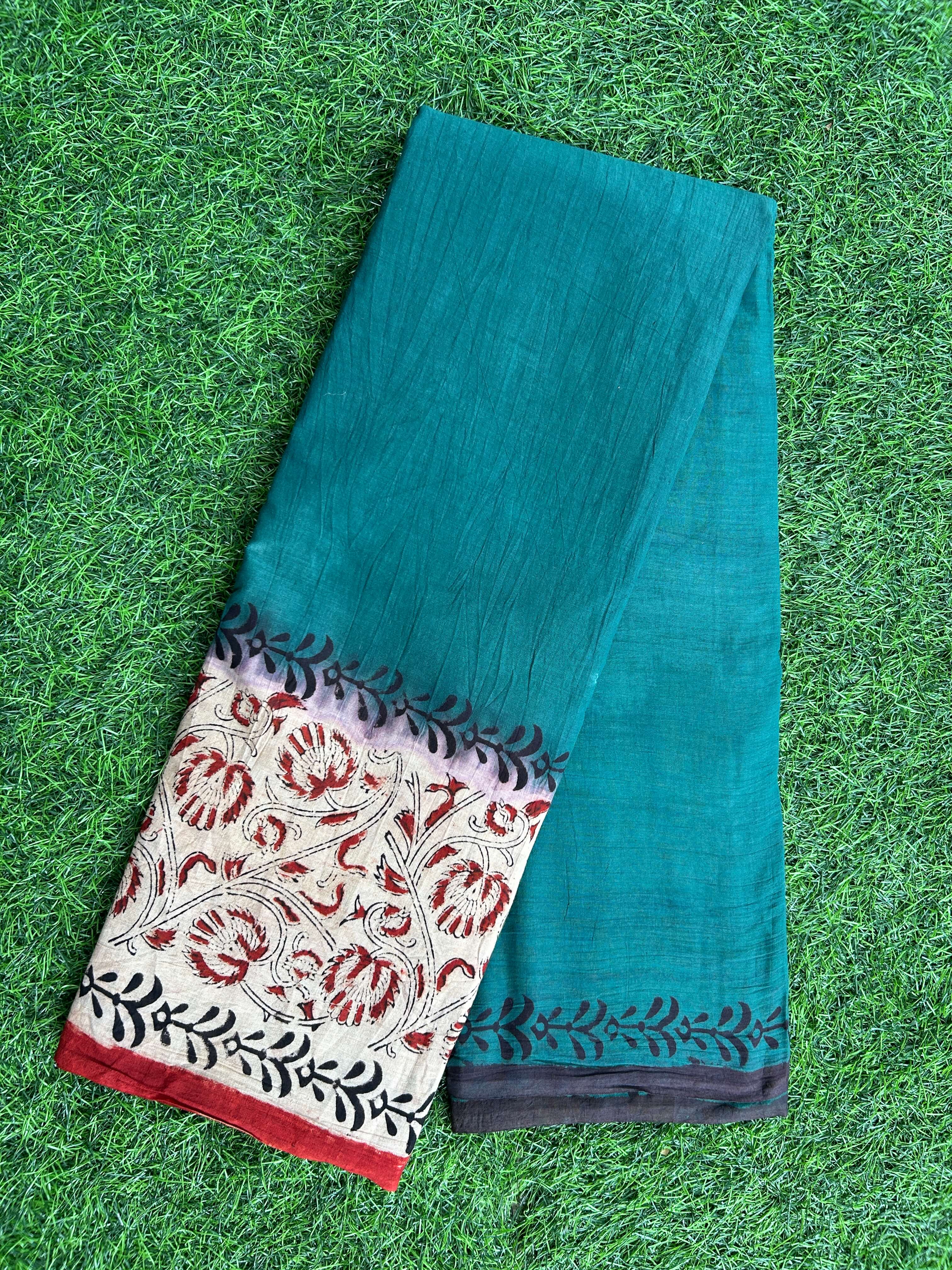 Kalamkari Cotton Hand Printed Gap Border Saree KCS-HPGB-M009