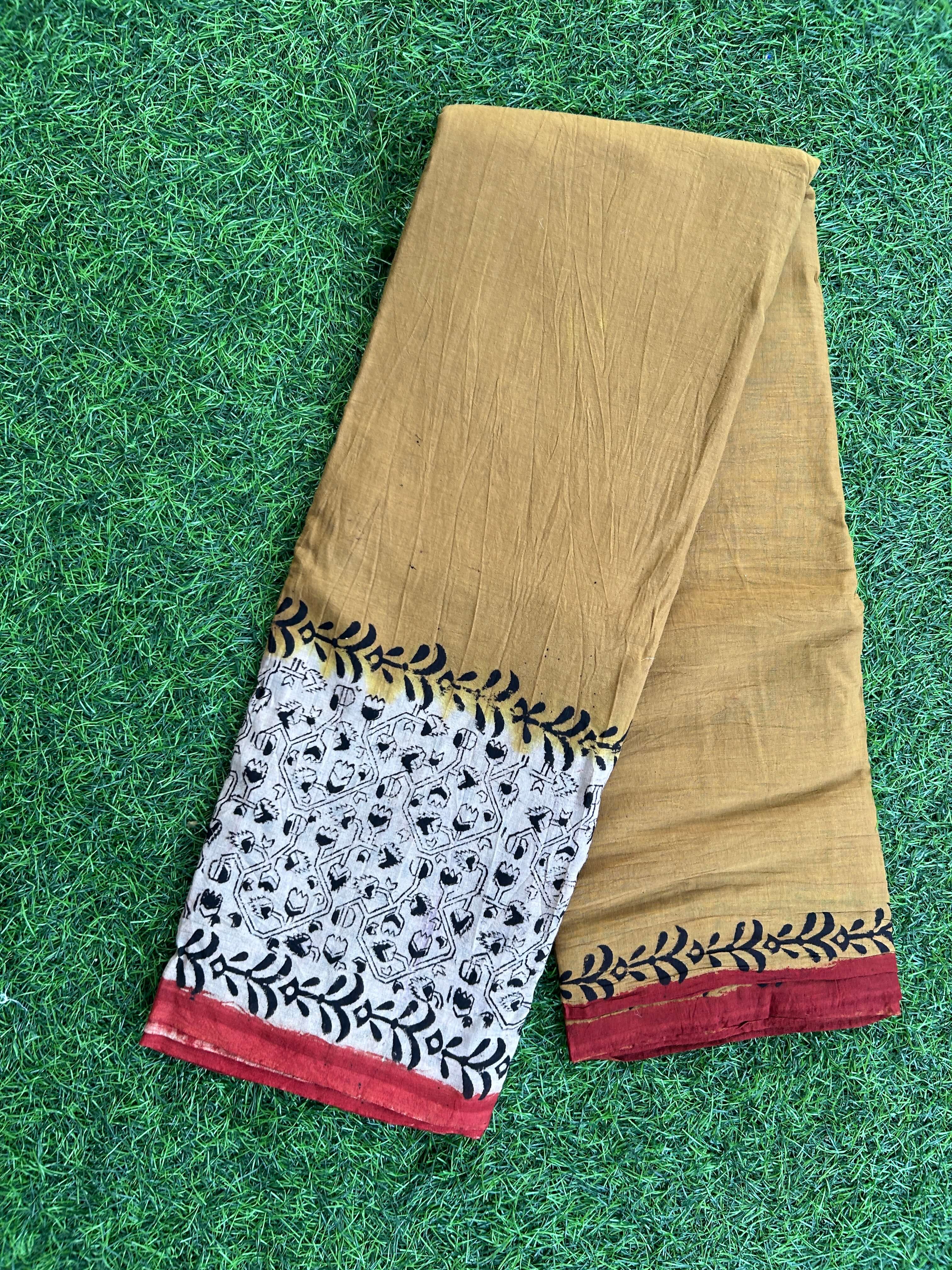 Kalamkari Cotton Hand Printed Gap Border Saree KCS-HPGB-M018