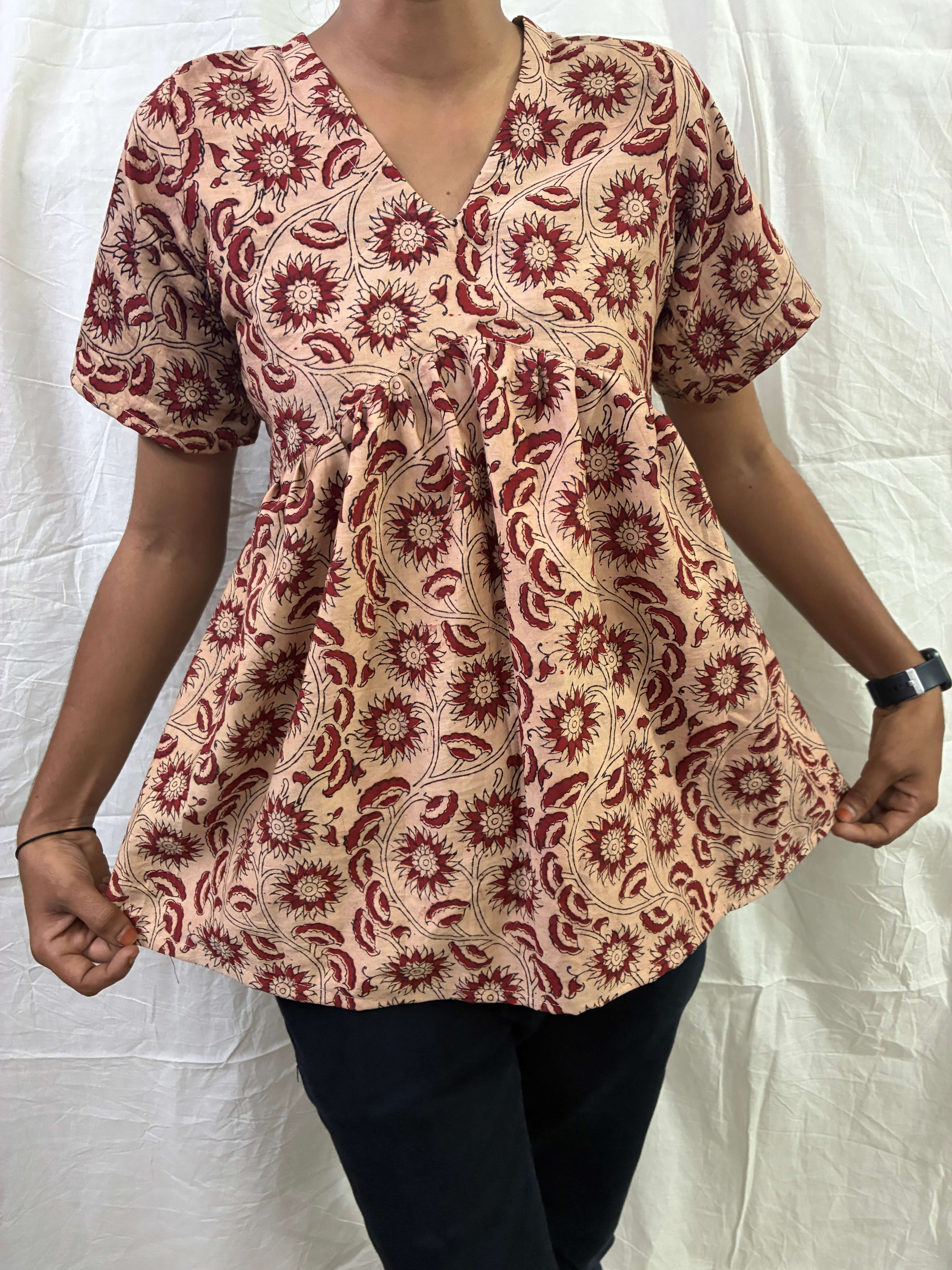 Handblock Kalamkari Flared Satin/Cotton Short Kurti - HBSK-SC-M001