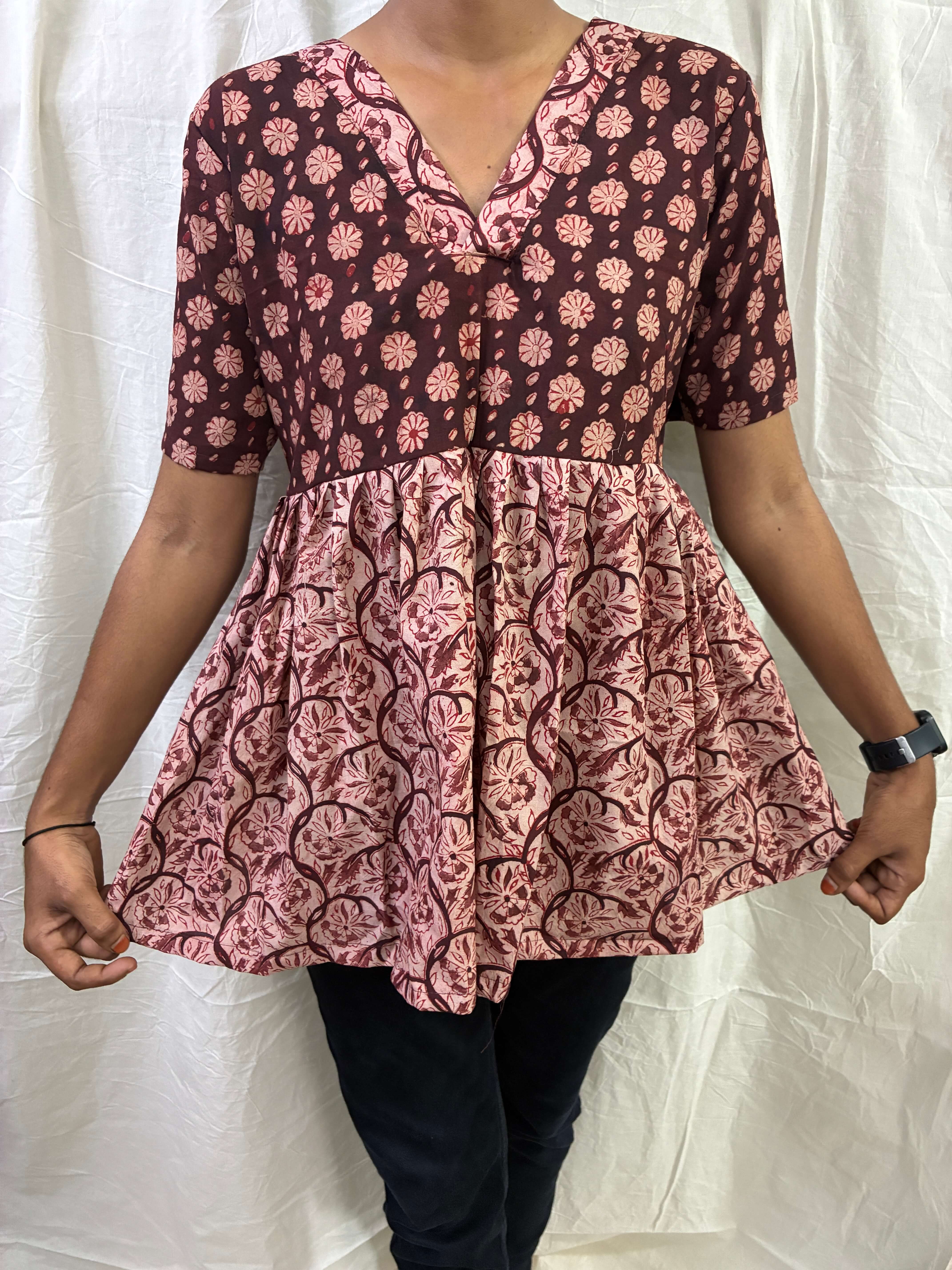 Handblock Kalamkari Flared Cotton Short Kurti - HBSK-C-M005
