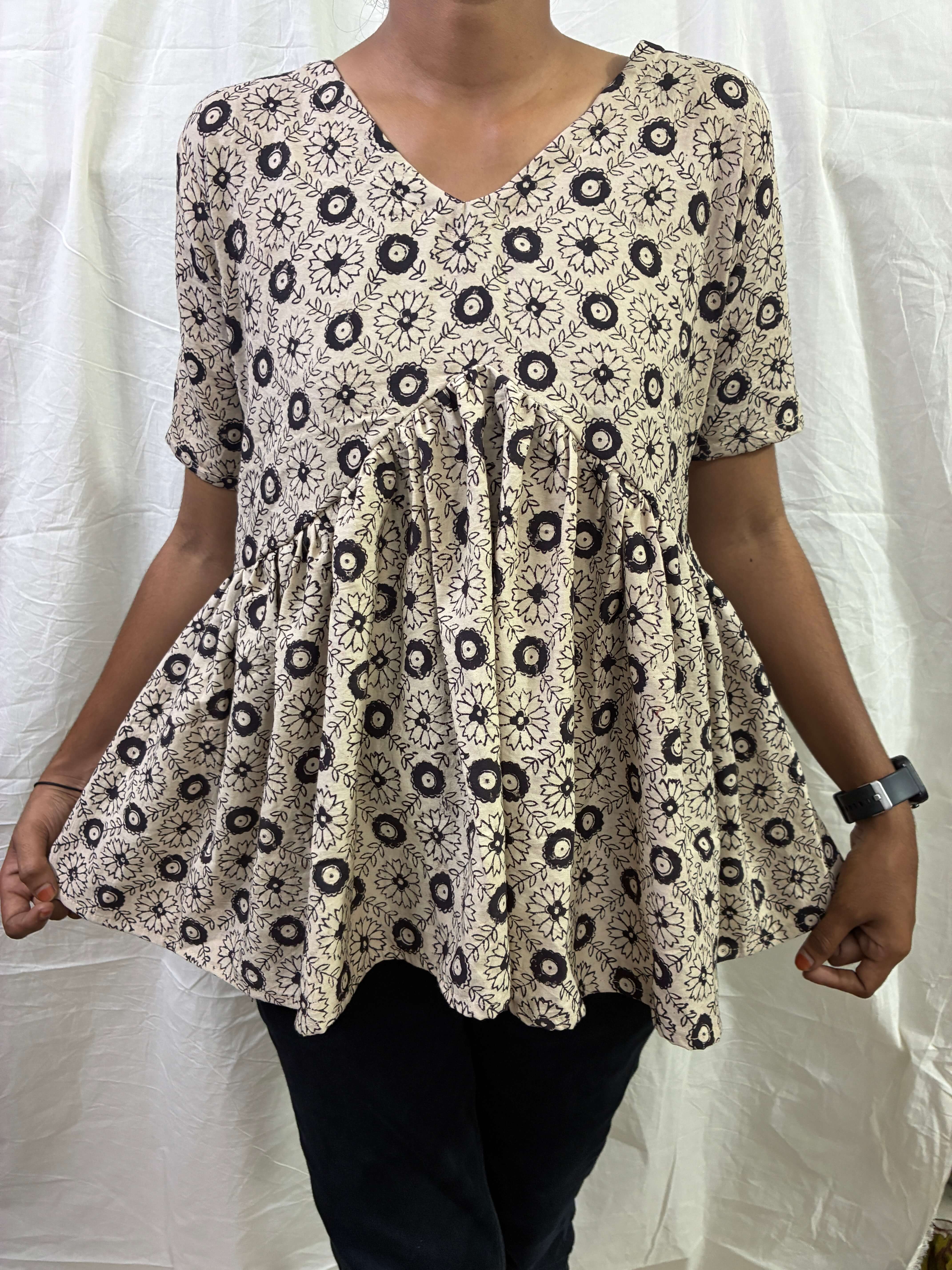 Handblock Kalamkari Flared Satin/Cotton Short Kurti - HBSK-SC-M002
