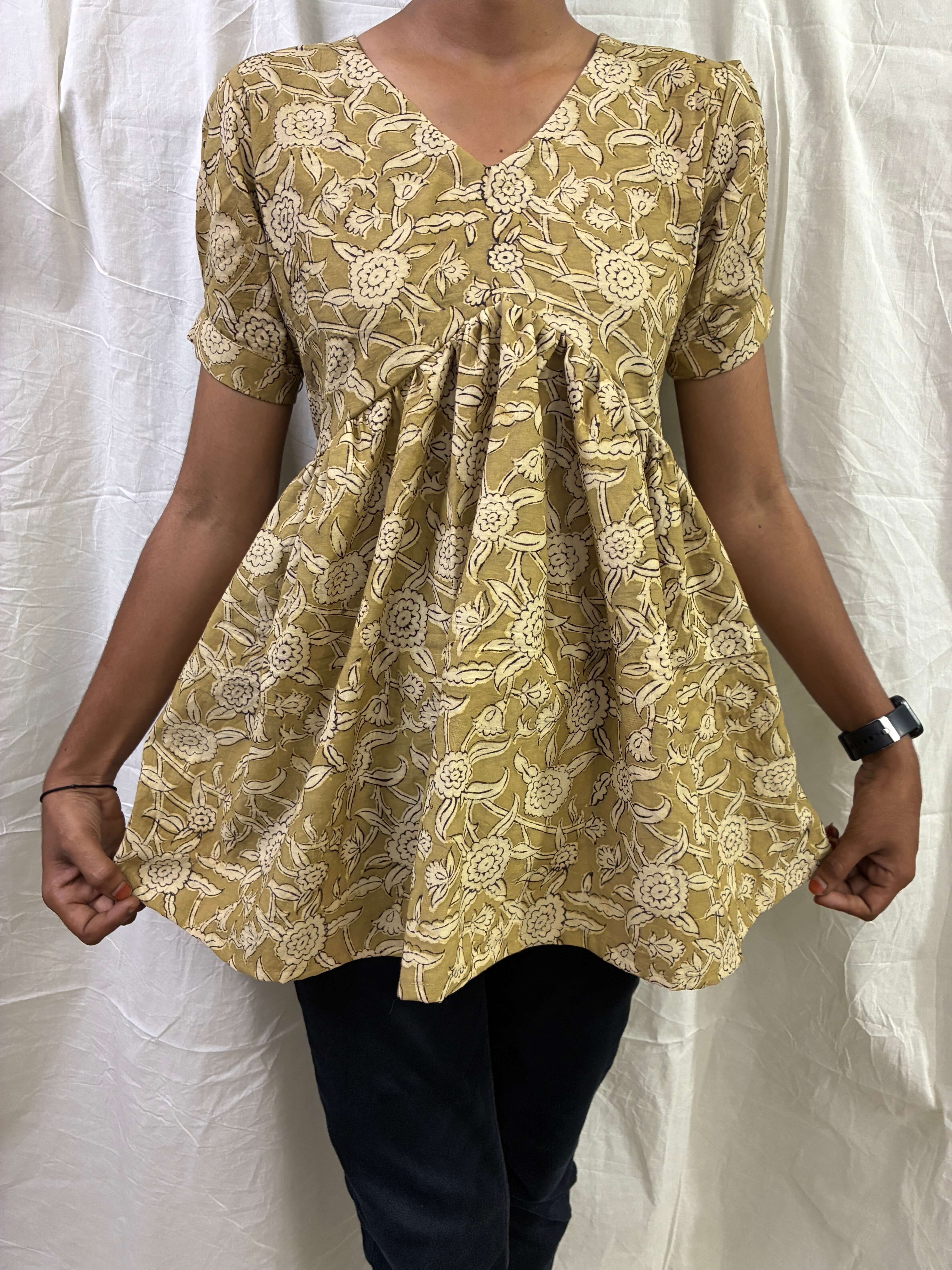 Handblock Kalamkari Flared Satin/Cotton Short Kurti - HBSK-SC-M004