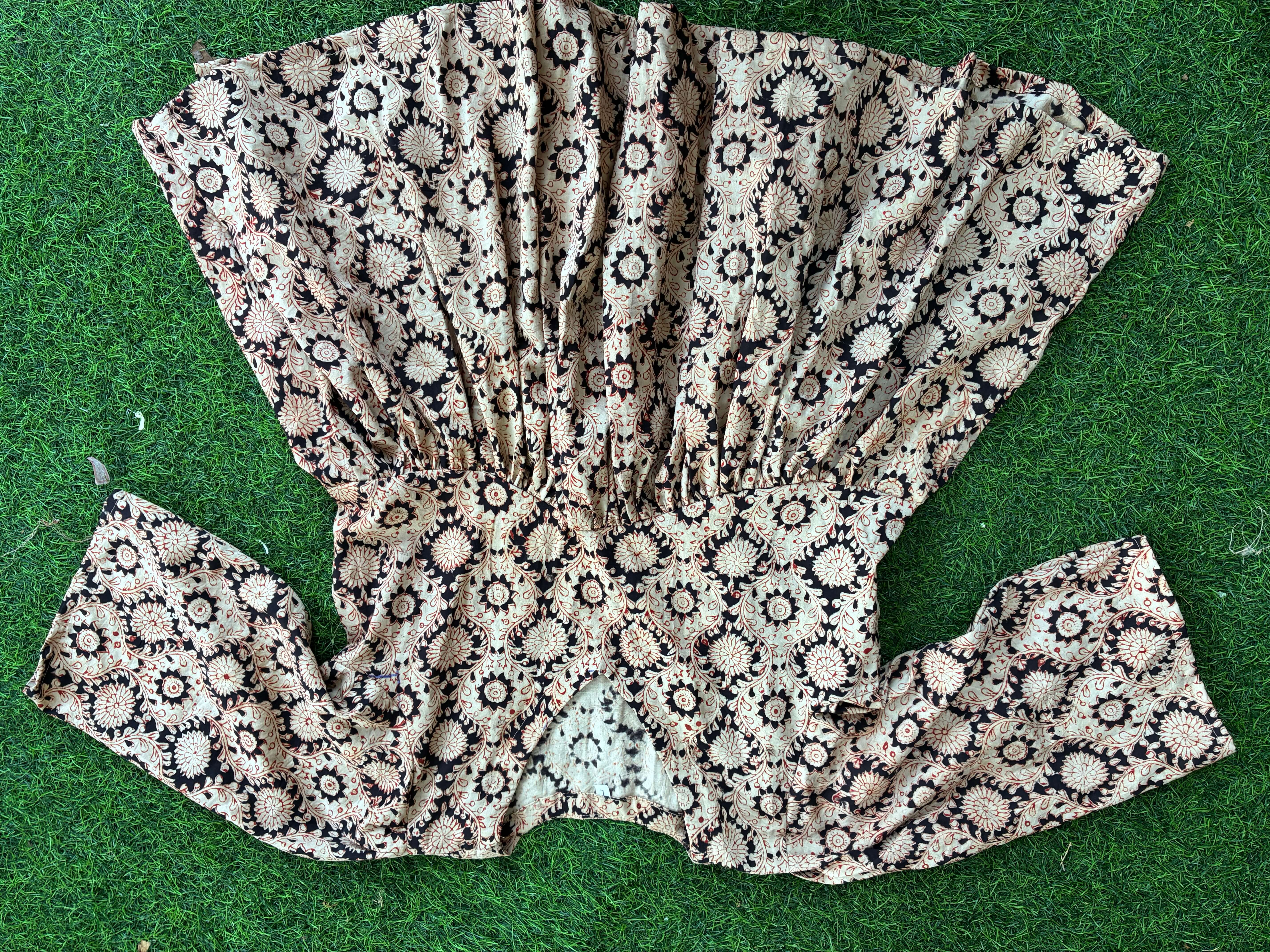 Handblock Kalamkari Flared Satin/Cotton Short Kurti - HBSK-SC-M017