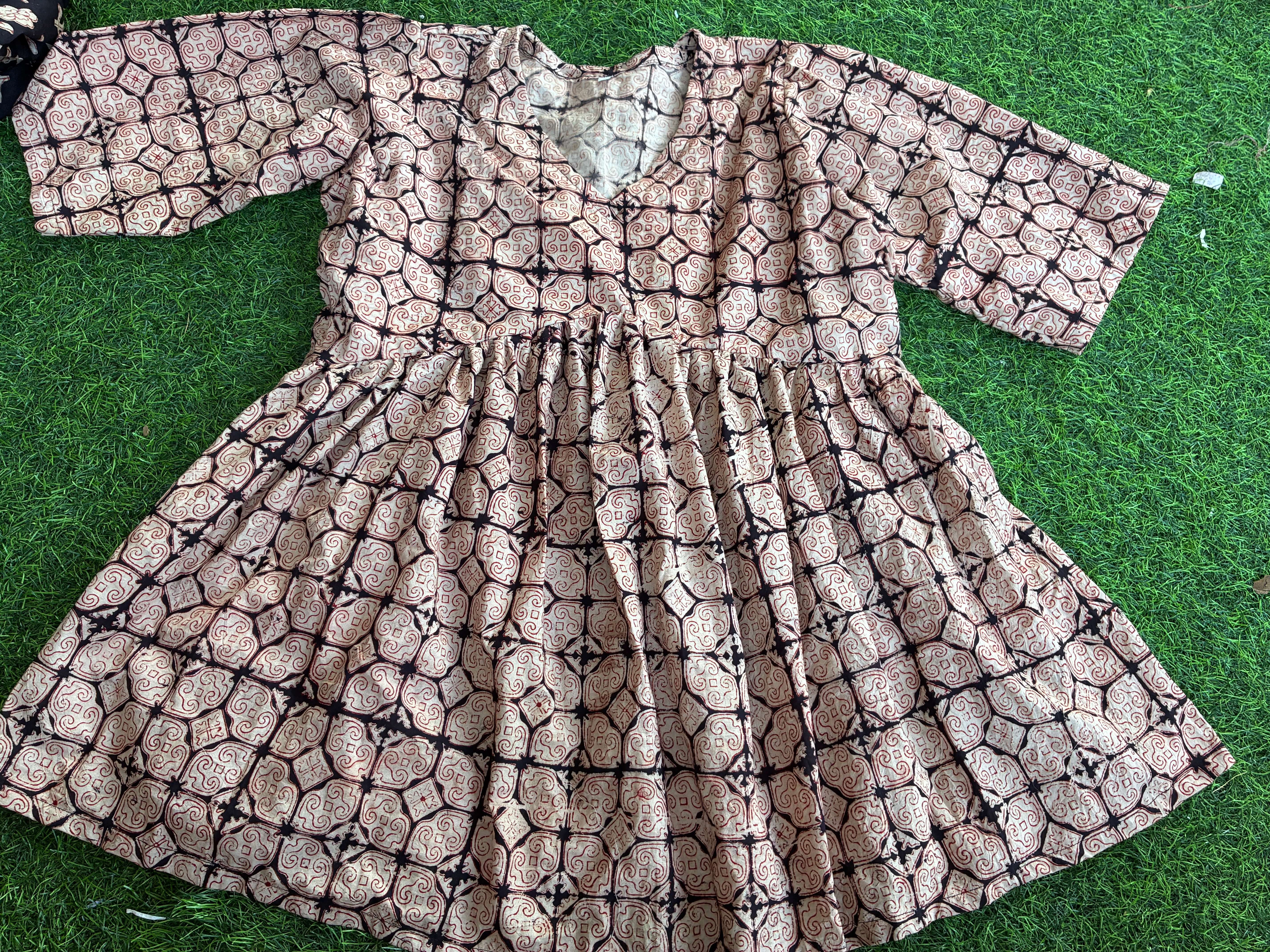 Handblock Kalamkari Flared Cotton Short Kurti - HBSK-C-M019