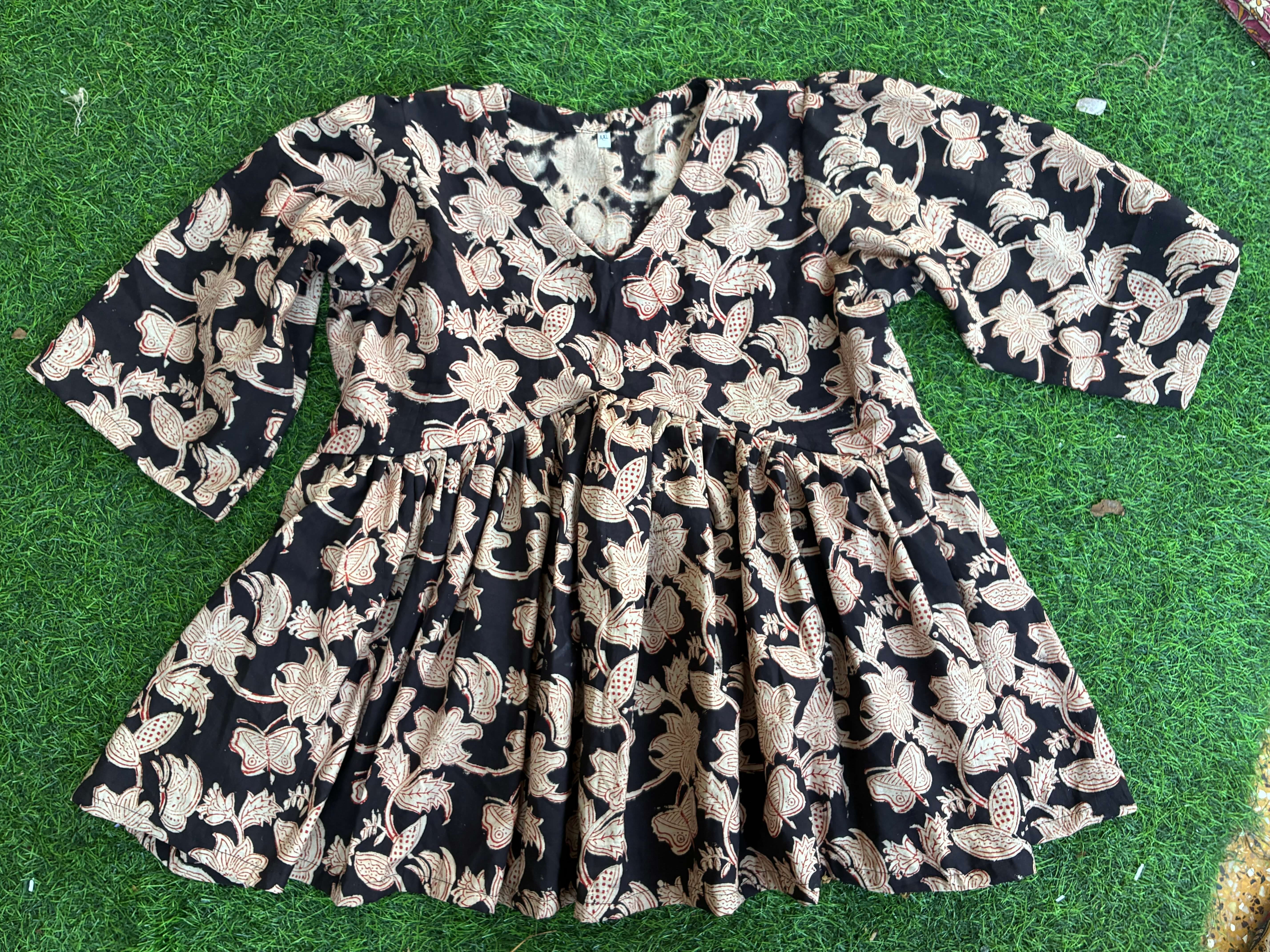 Handblock Kalamkari Flared Satin/Cotton Short Kurti - HBSK-SC-M012