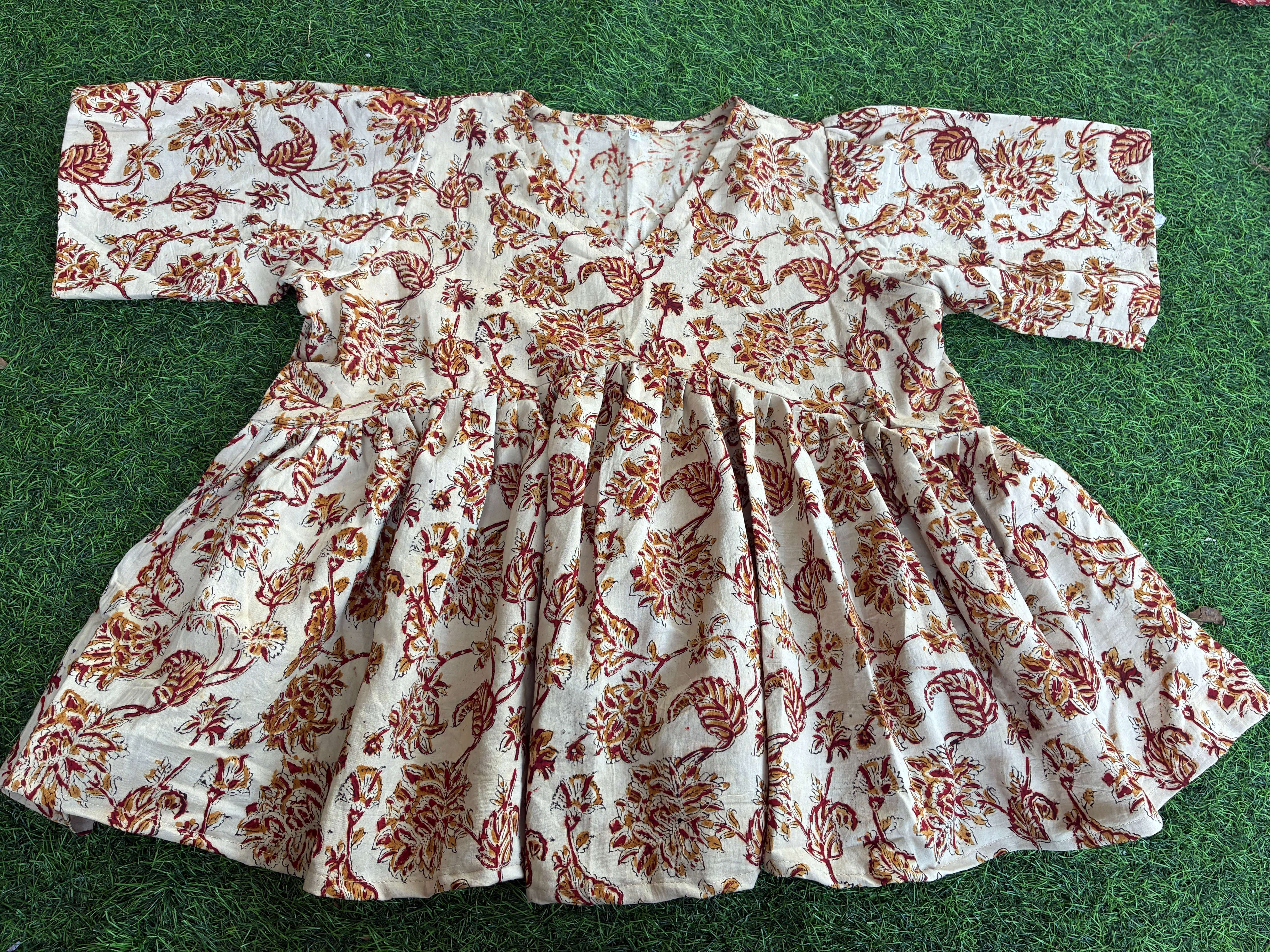Handblock Kalamkari Flared Satin/Cotton Short Kurti - HBSK-SC-M011