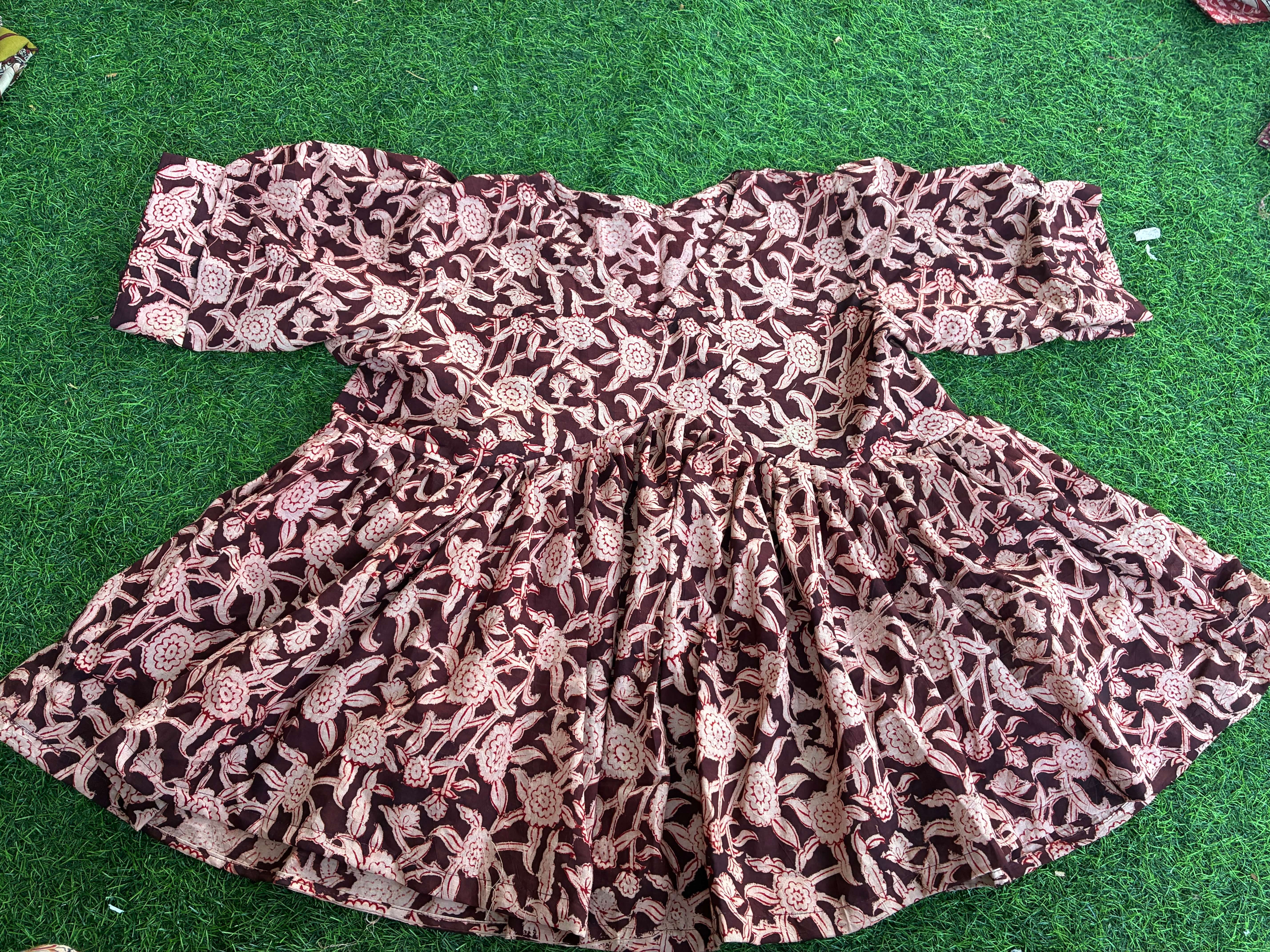 Handblock Kalamkari Flared Cotton Short Kurti - HBSK-C-M010