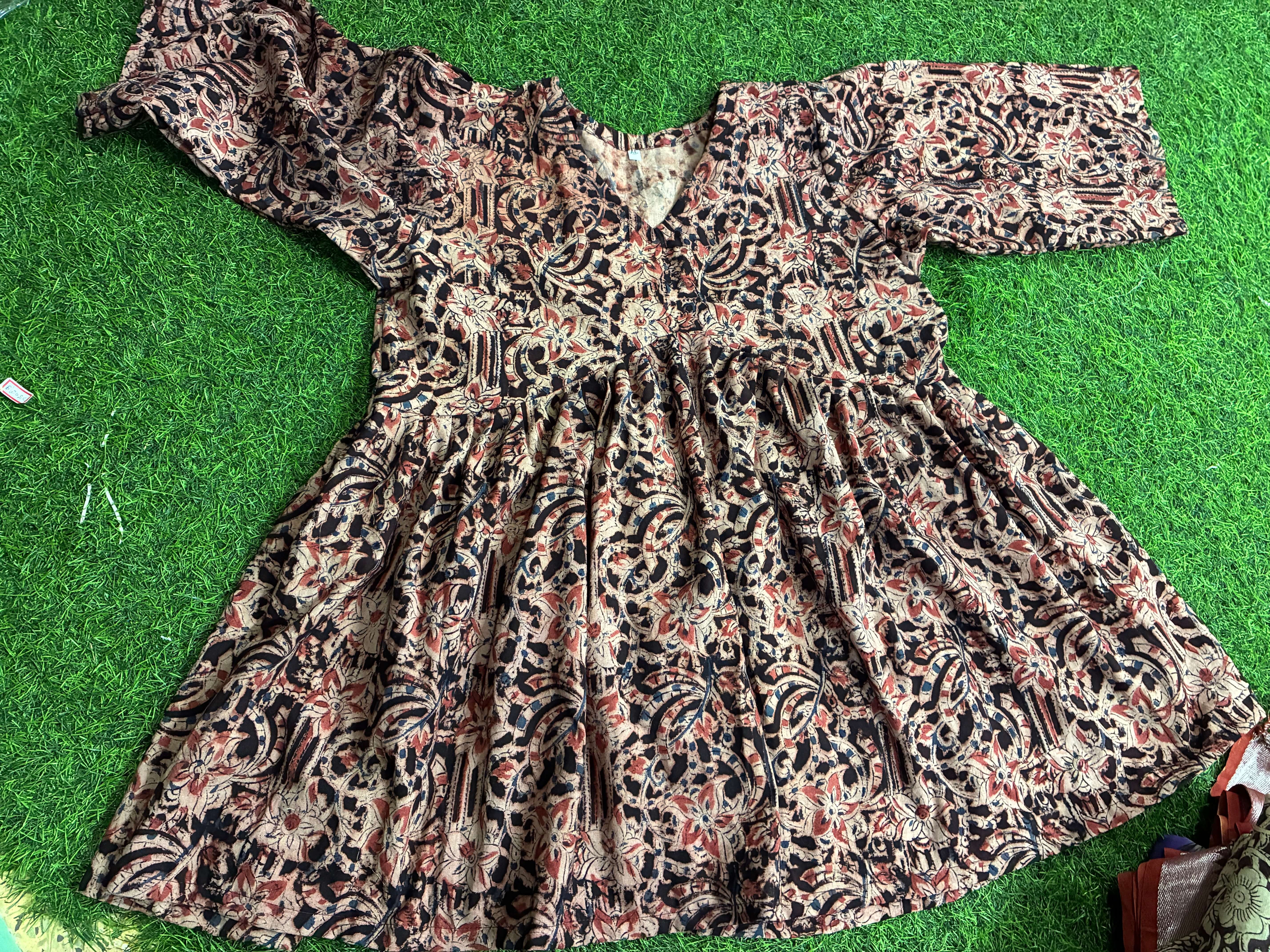 Handblock Kalamkari Flared Cotton Short Kurti - HBSK-C-M018