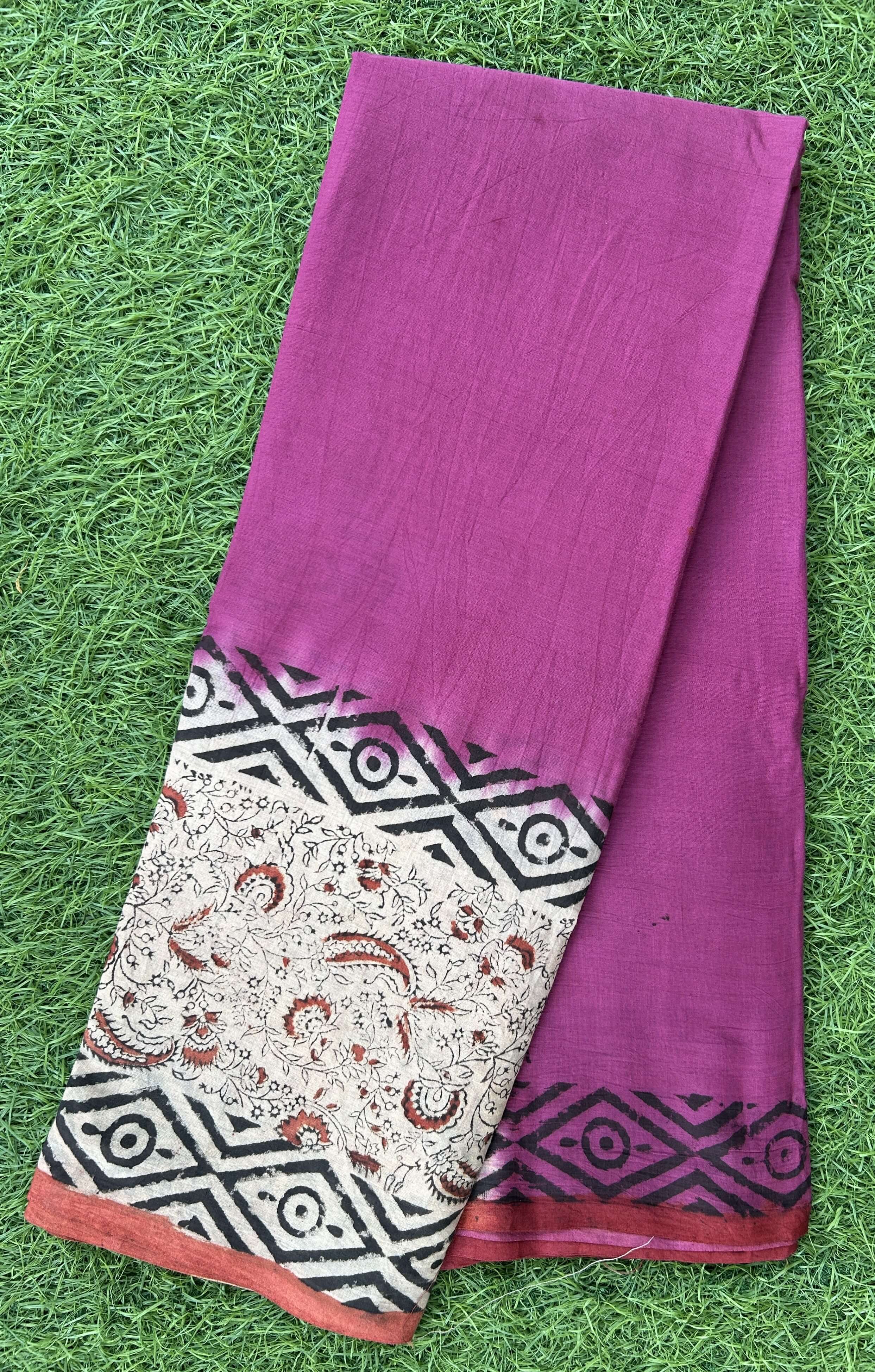 Kalamkari Cotton Hand Printed Gap Border Saree-KCS-HPGB-M081