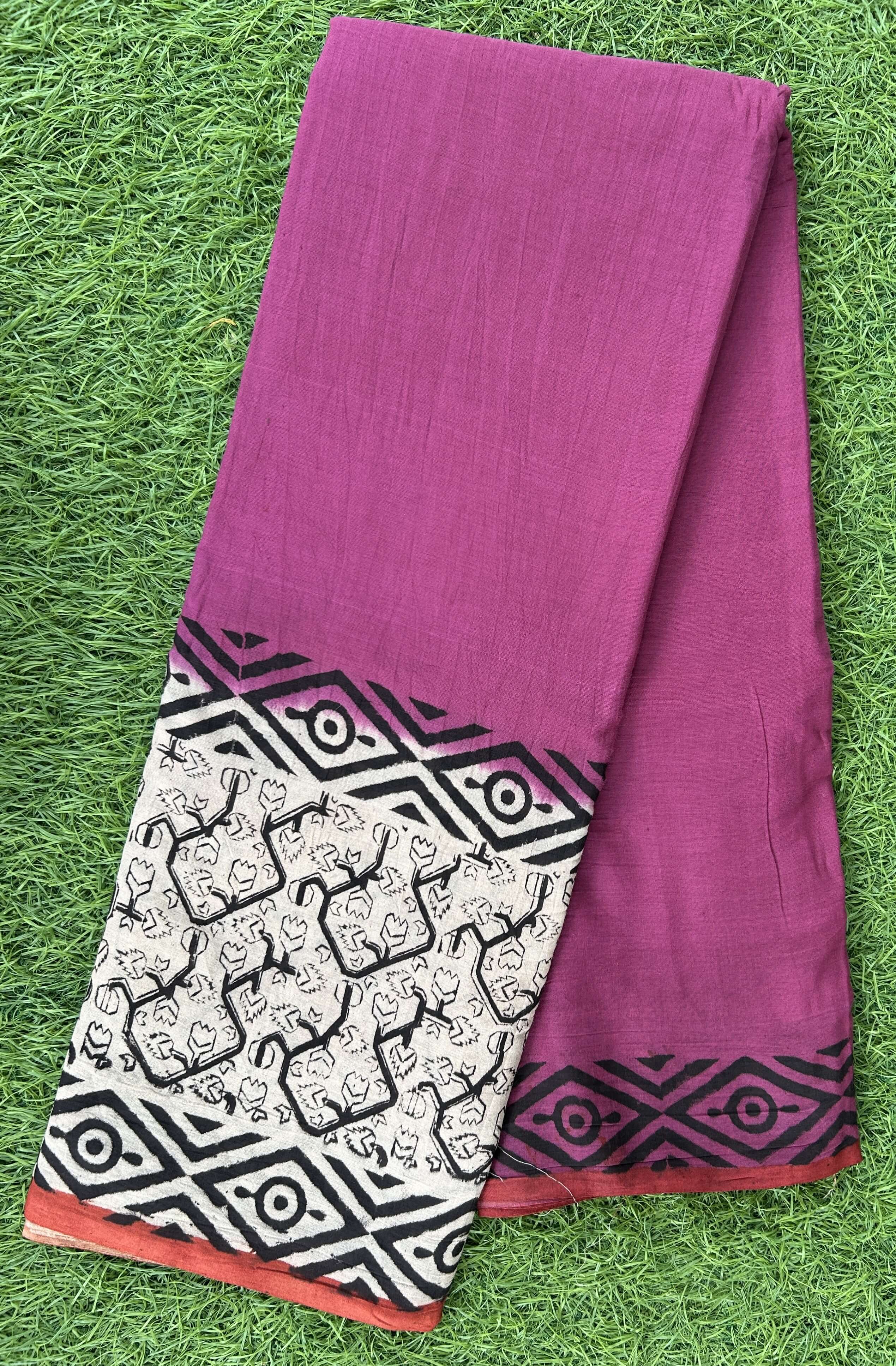 Kalamkari Cotton Hand Printed Gap Border Saree-KCS-HPGB-M079