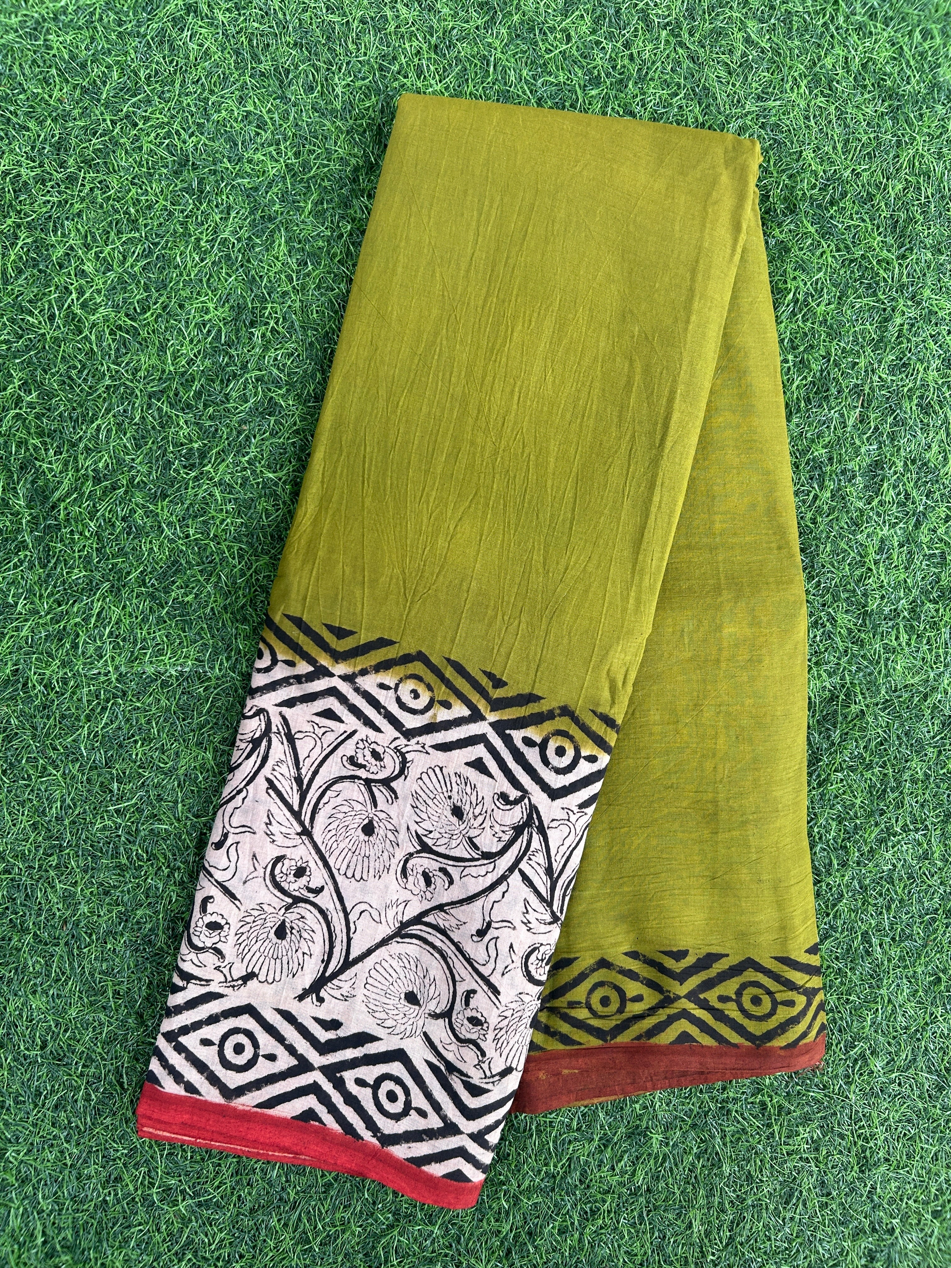 Kalamkari Cotton Hand Printed Gap Border Saree-KCS-HPGB-M076
