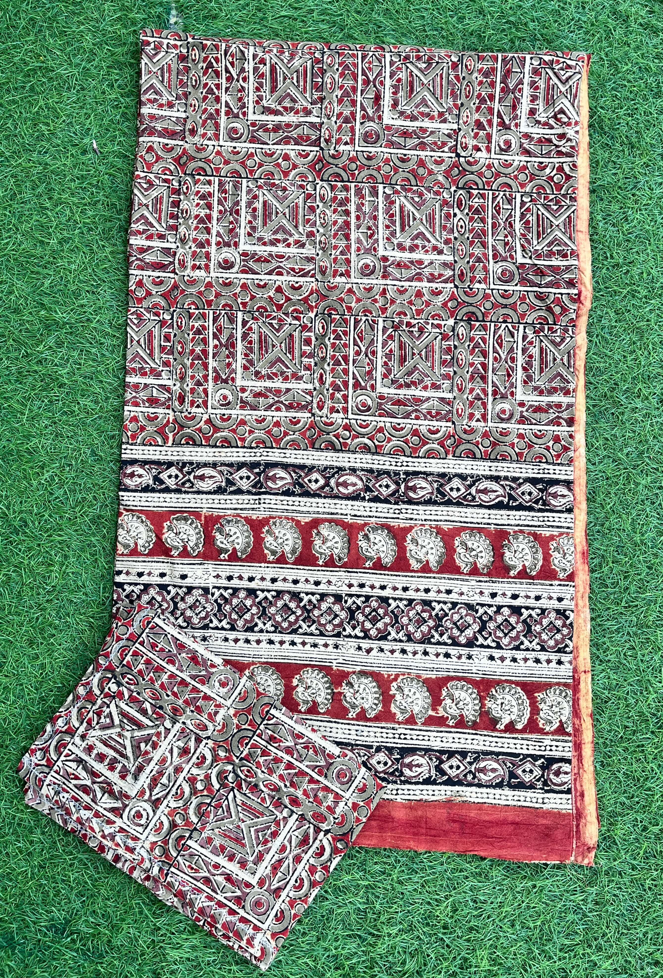 Kalamkari Block Printed Cotton Bed Cover with Pillow Covers - KBS018(90*108)