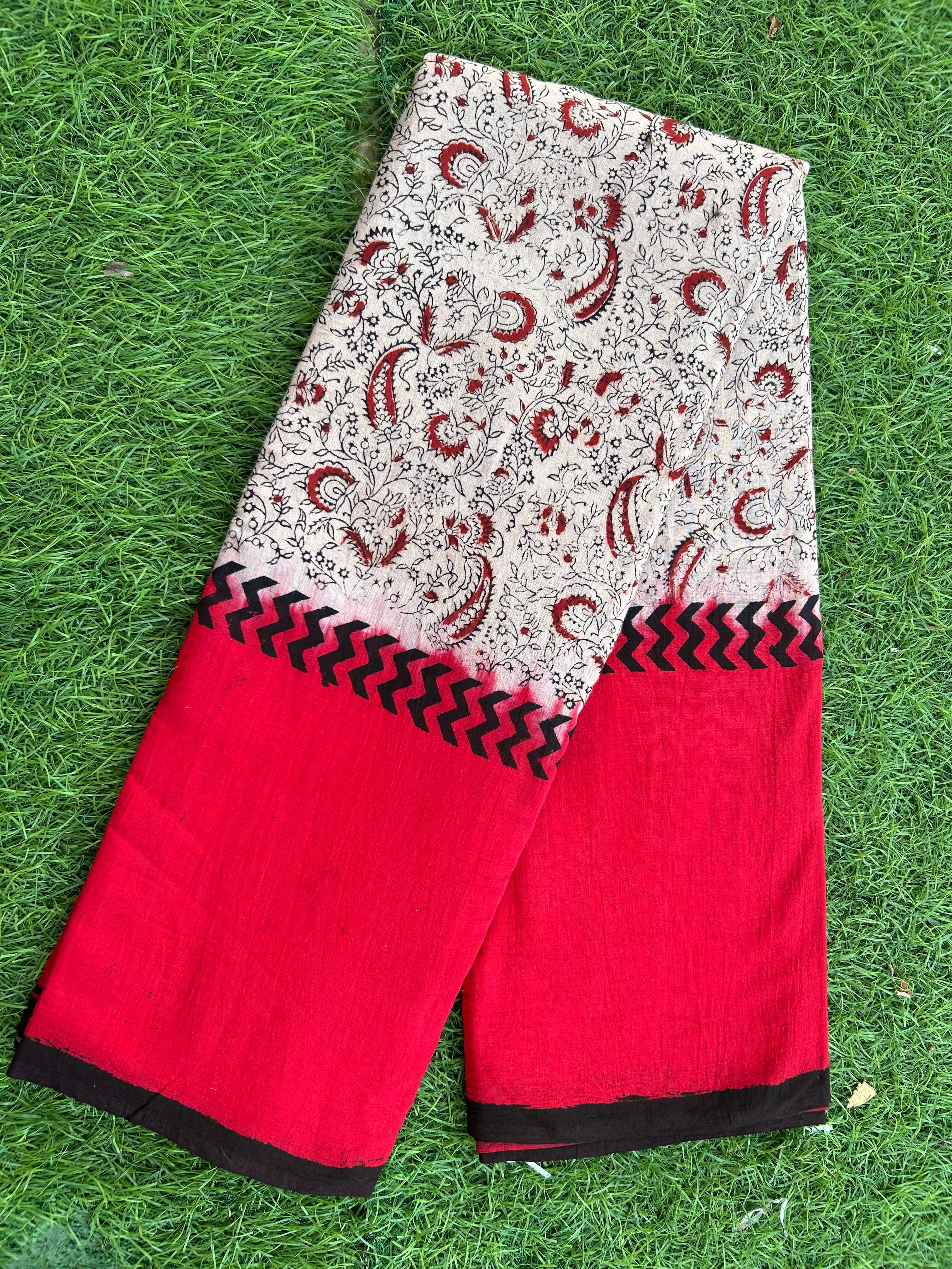 Kalamkari Cotton Hand Printed Gap Border Saree-KCS-HPGB-M012