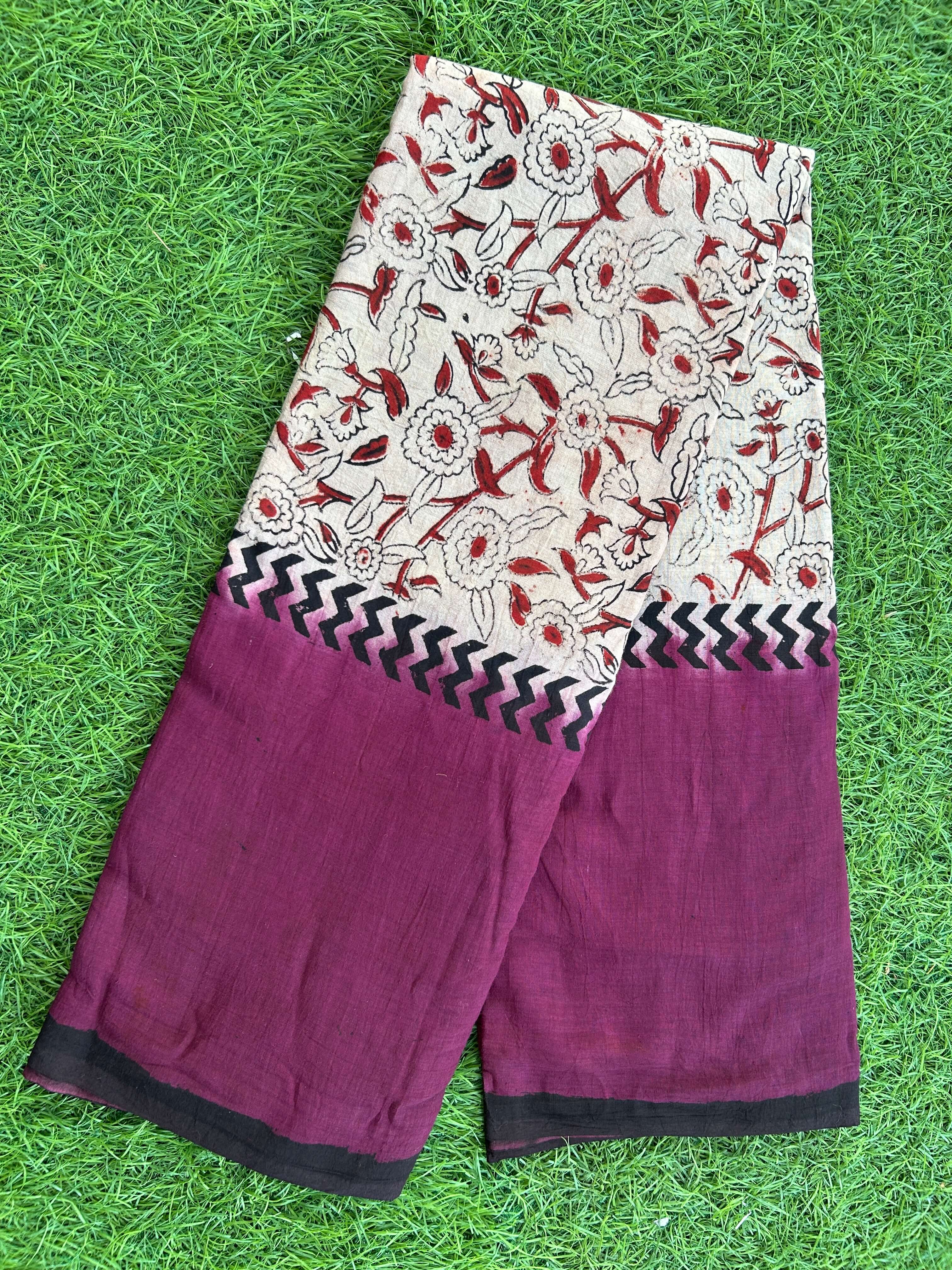 Kalamkari Cotton Hand Printed Gap Border Saree-KCS-HPGB-M014