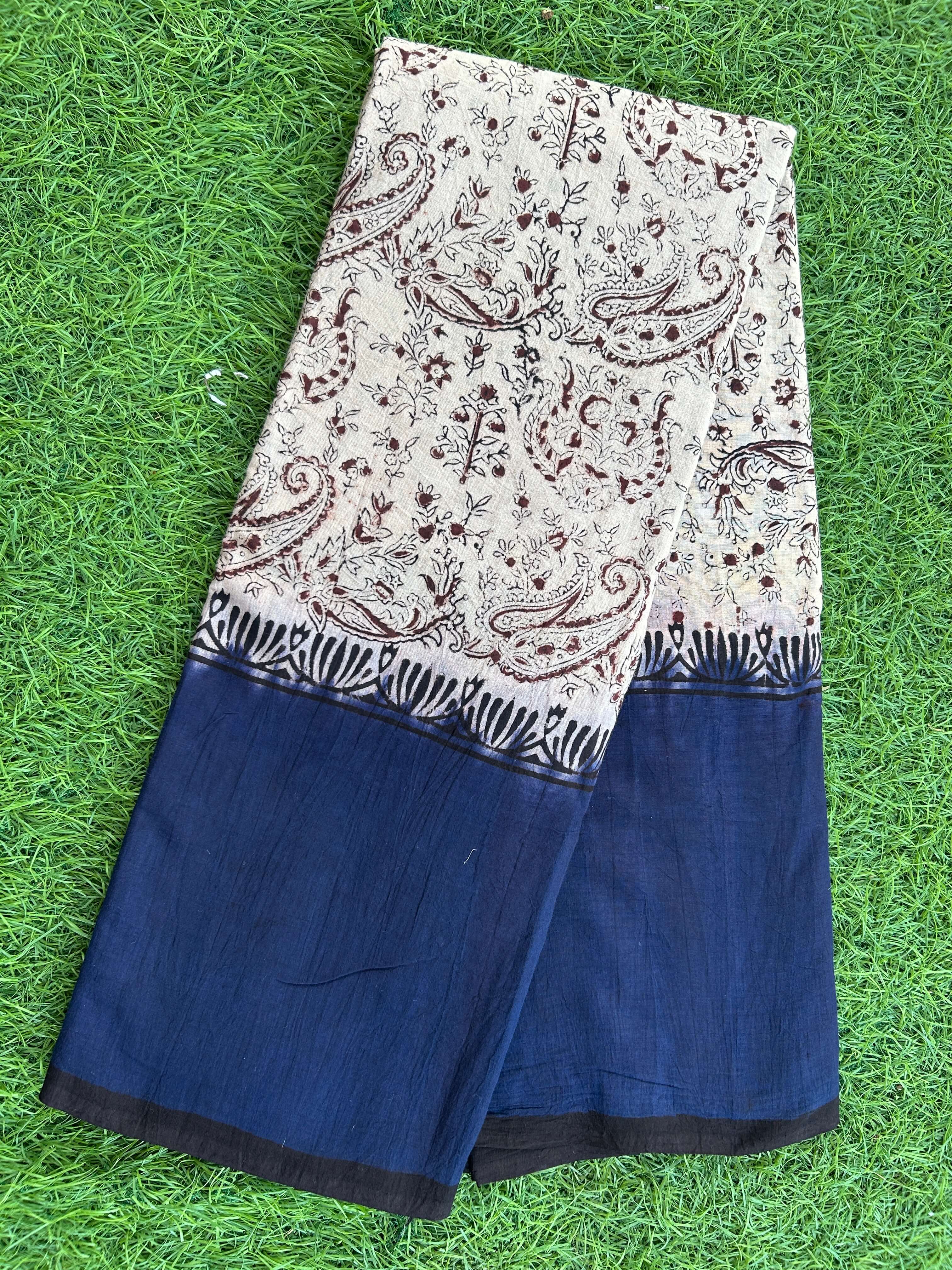 Kalamkari Cotton Hand Printed Gap Border Saree-KCS-HPGB-M013