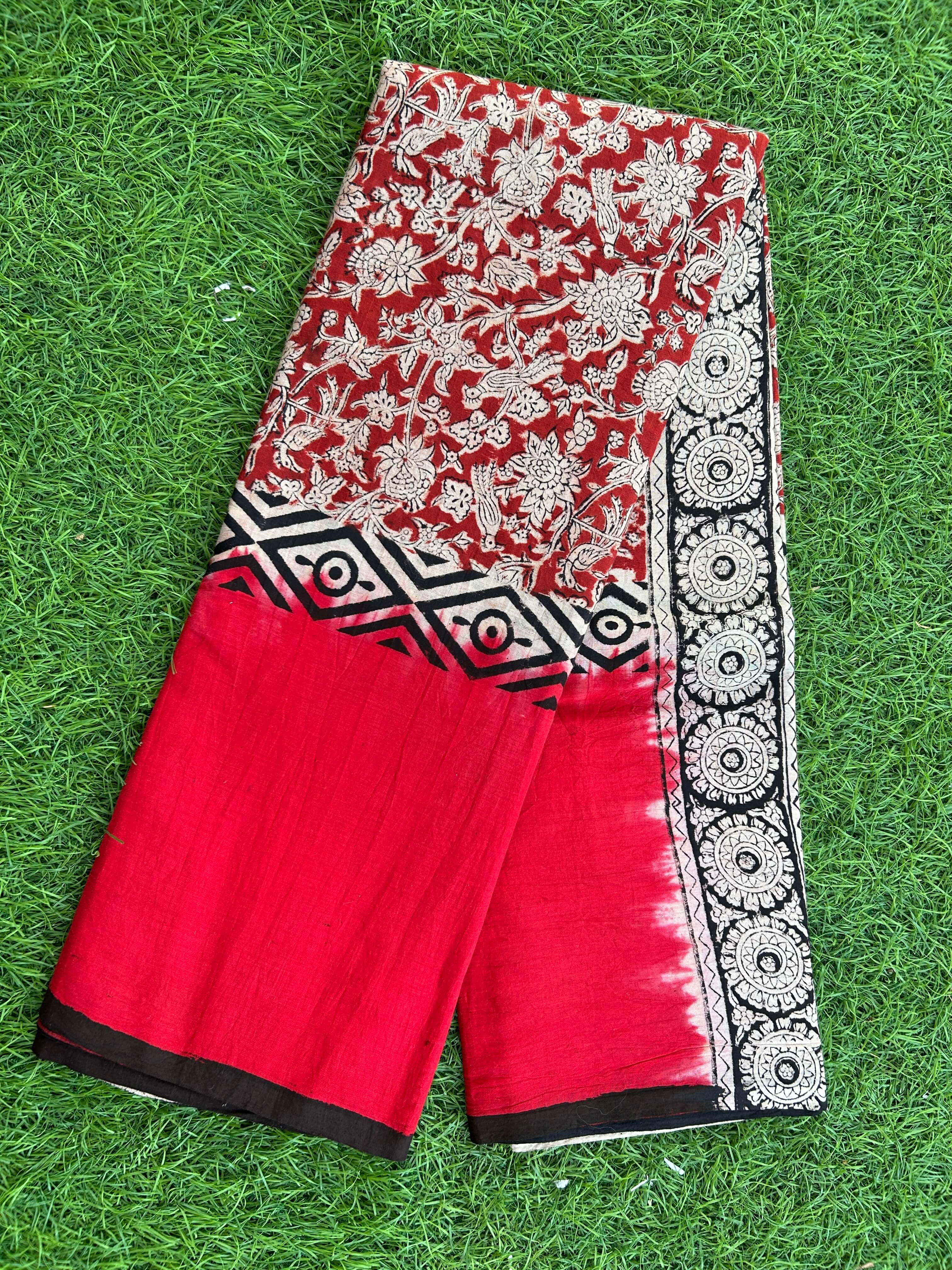 Kalamkari Cotton Hand Printed Gap Border Saree-KCS-HPGB-M016