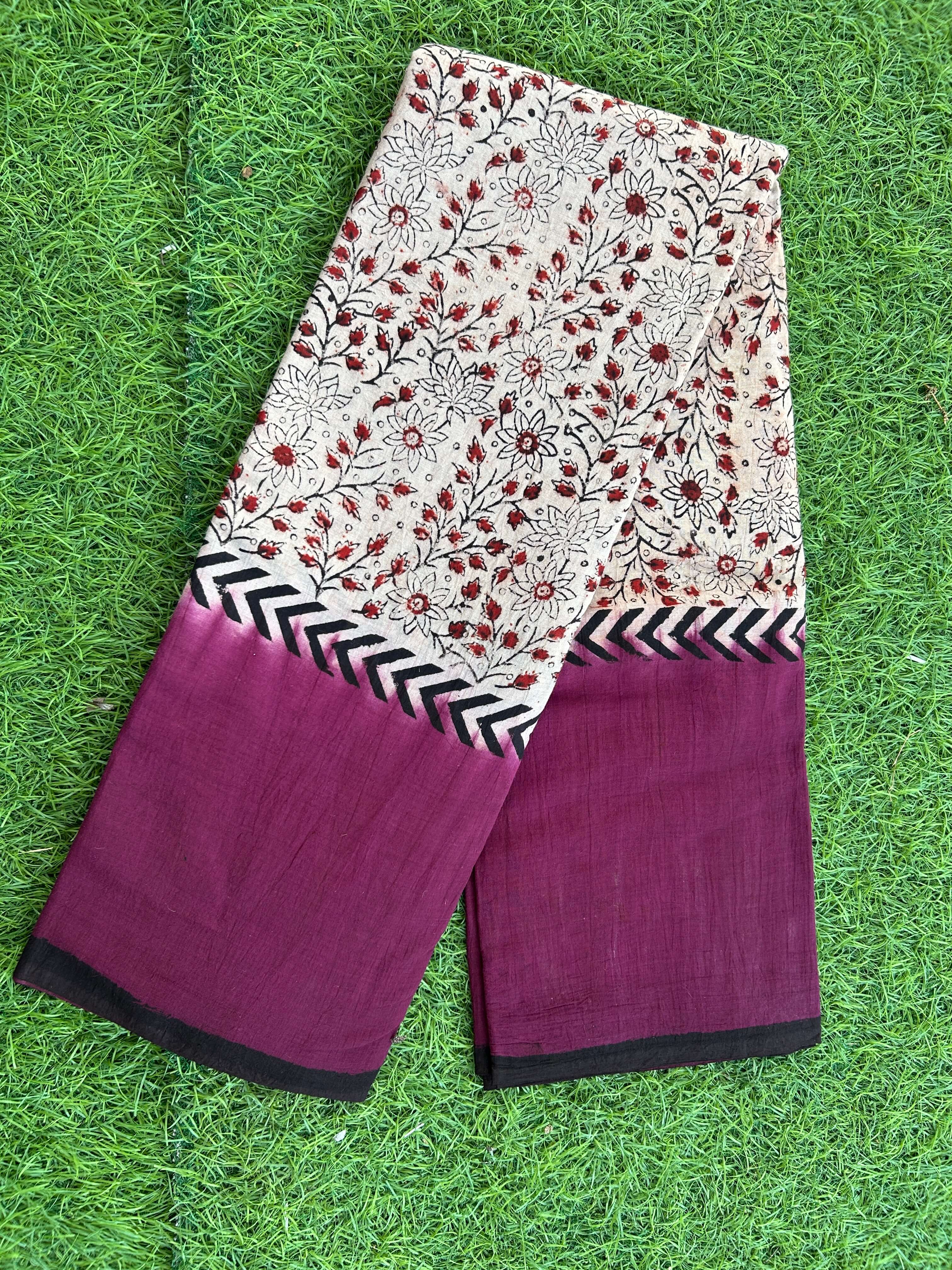 Kalamkari Cotton Hand Printed Gap Border Saree-KCS-HPGB-M019