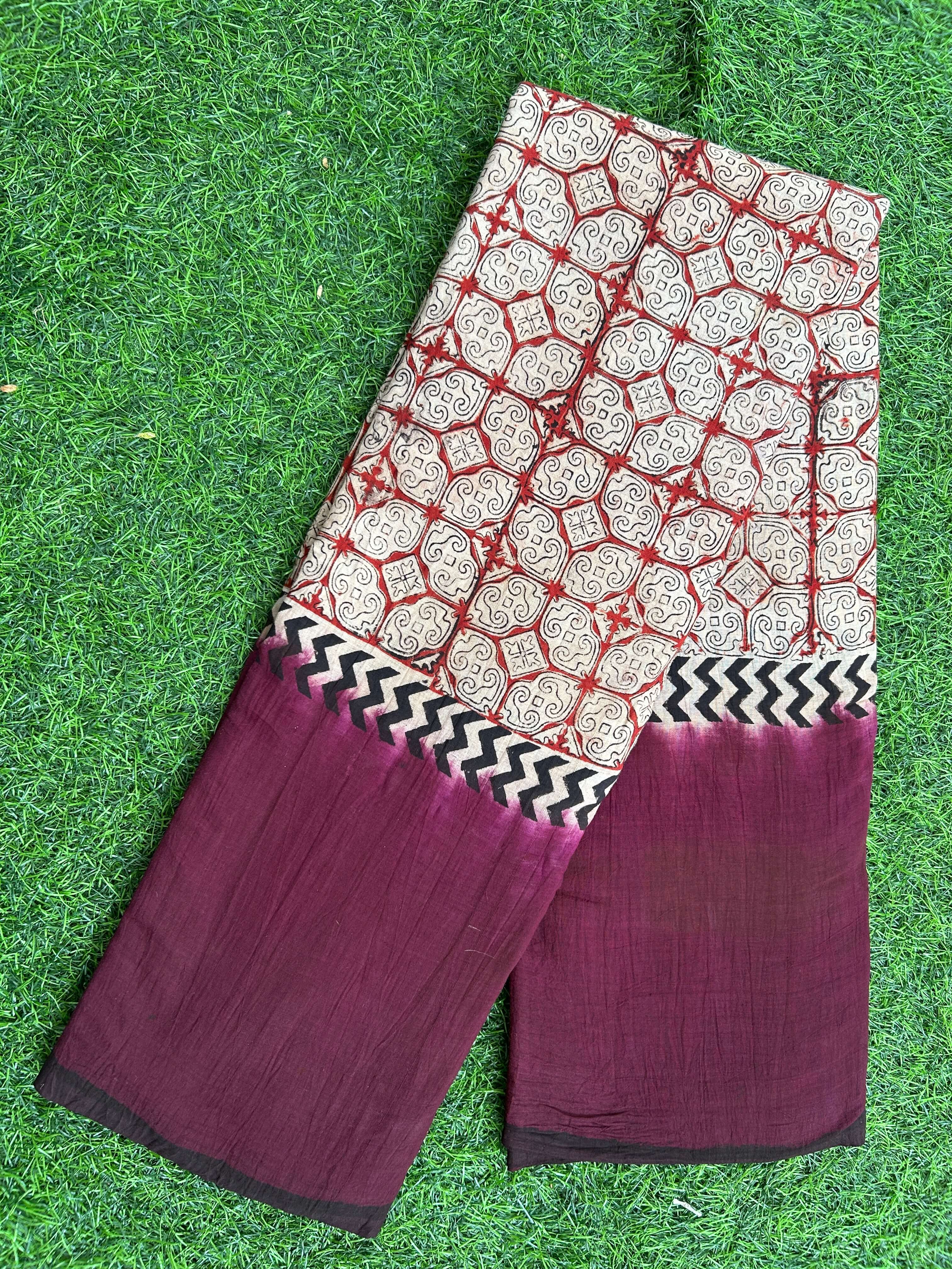 Kalamkari Cotton Hand Printed Gap Border Saree-KCS-HPGB-M042