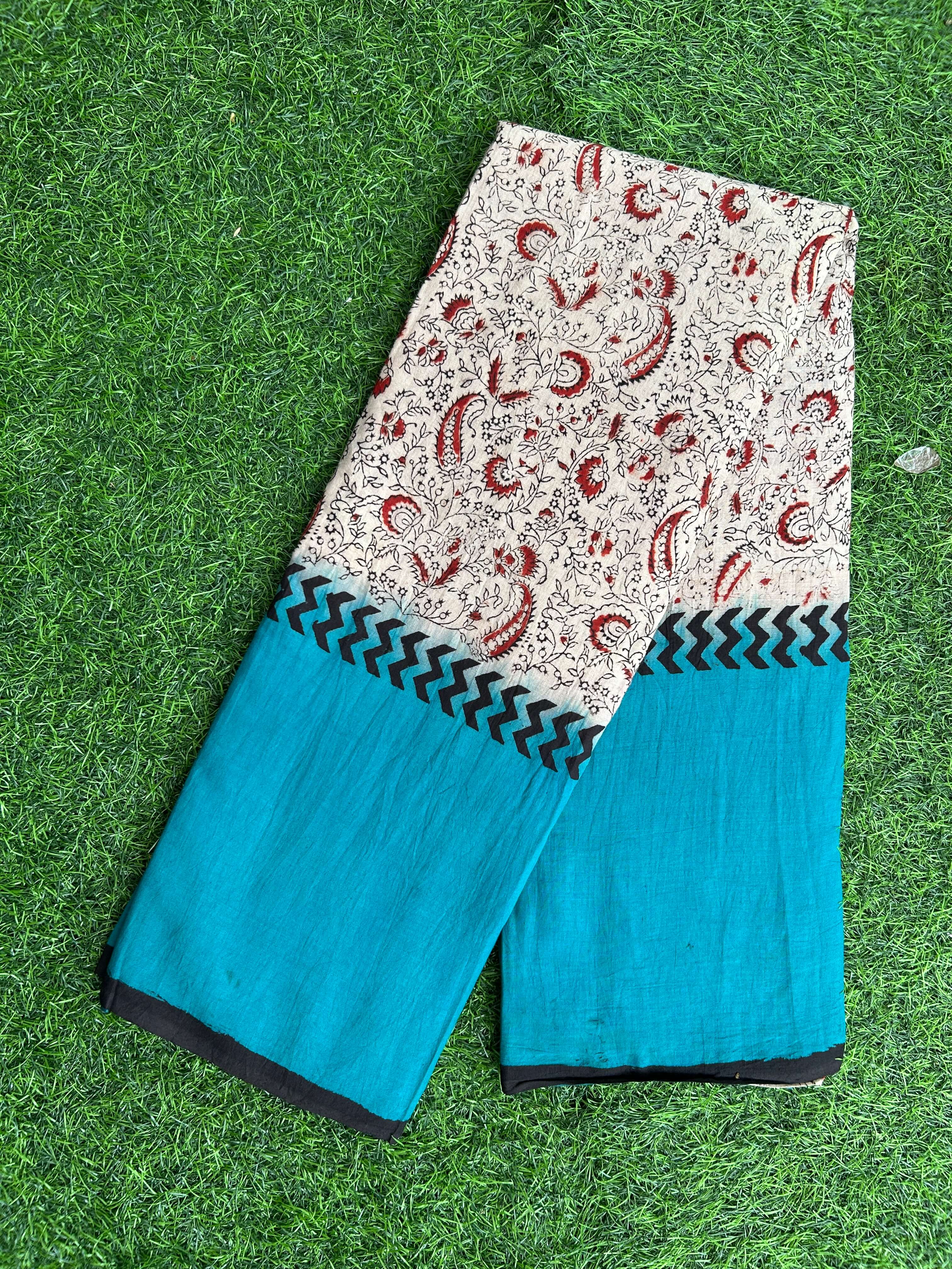 Kalamkari Cotton Hand Printed Gap Border Saree-KCS-HPGB-M039