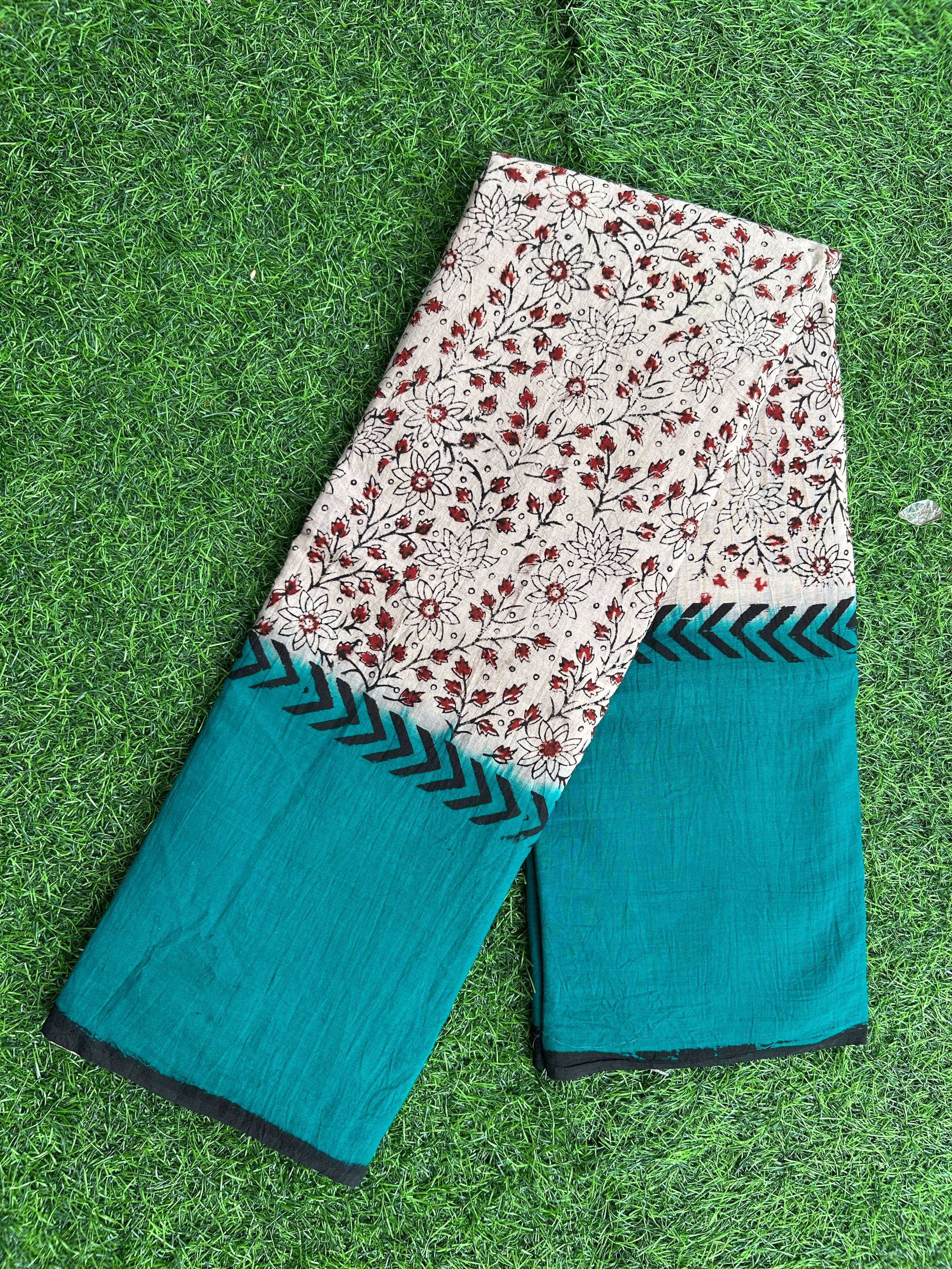 Kalamkari Cotton Hand Printed Gap Border Saree-KCS-HPGB-M040
