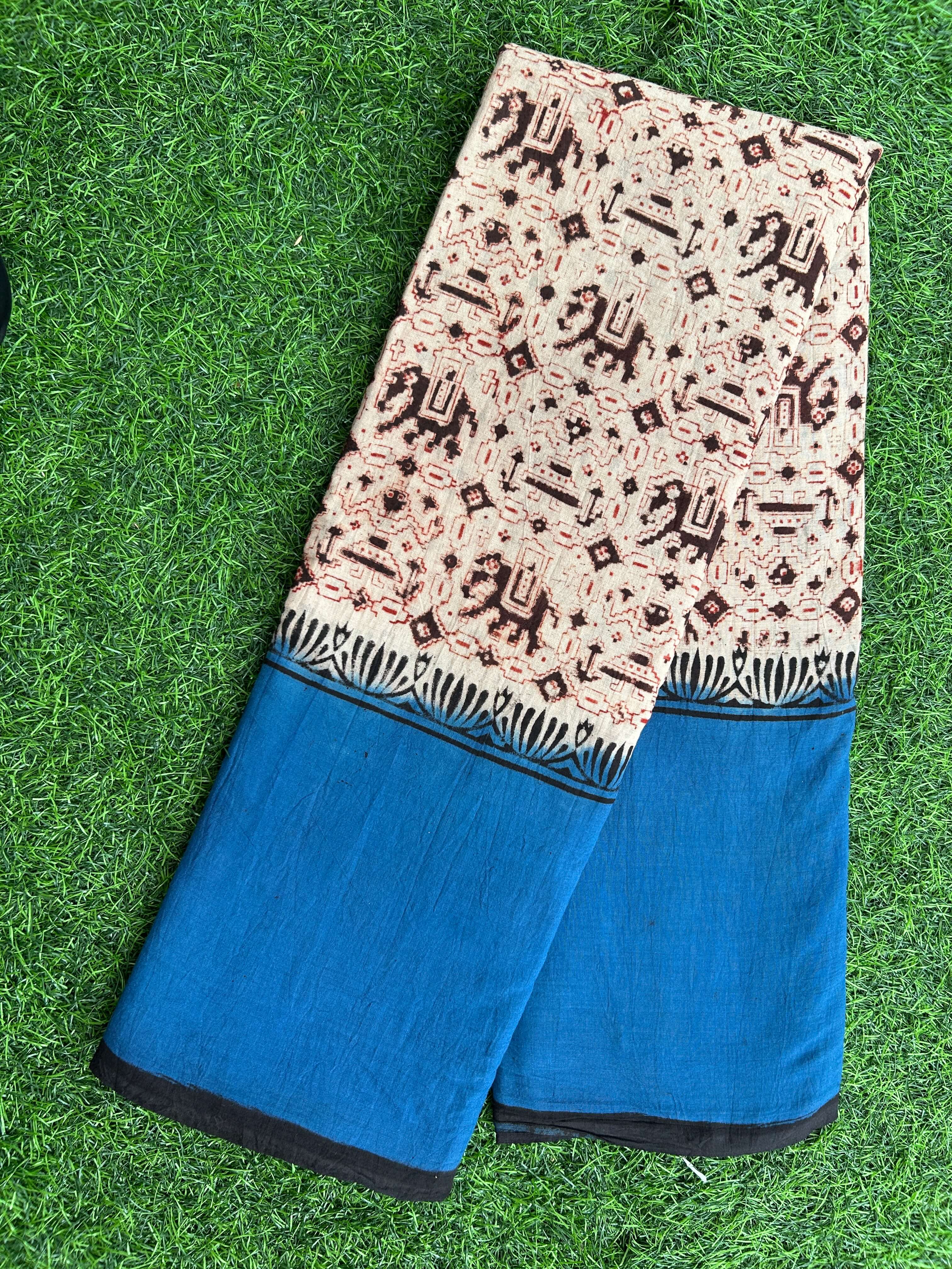 Kalamkari Cotton Hand Printed Gap Border Saree-KCS-HPGB-M035