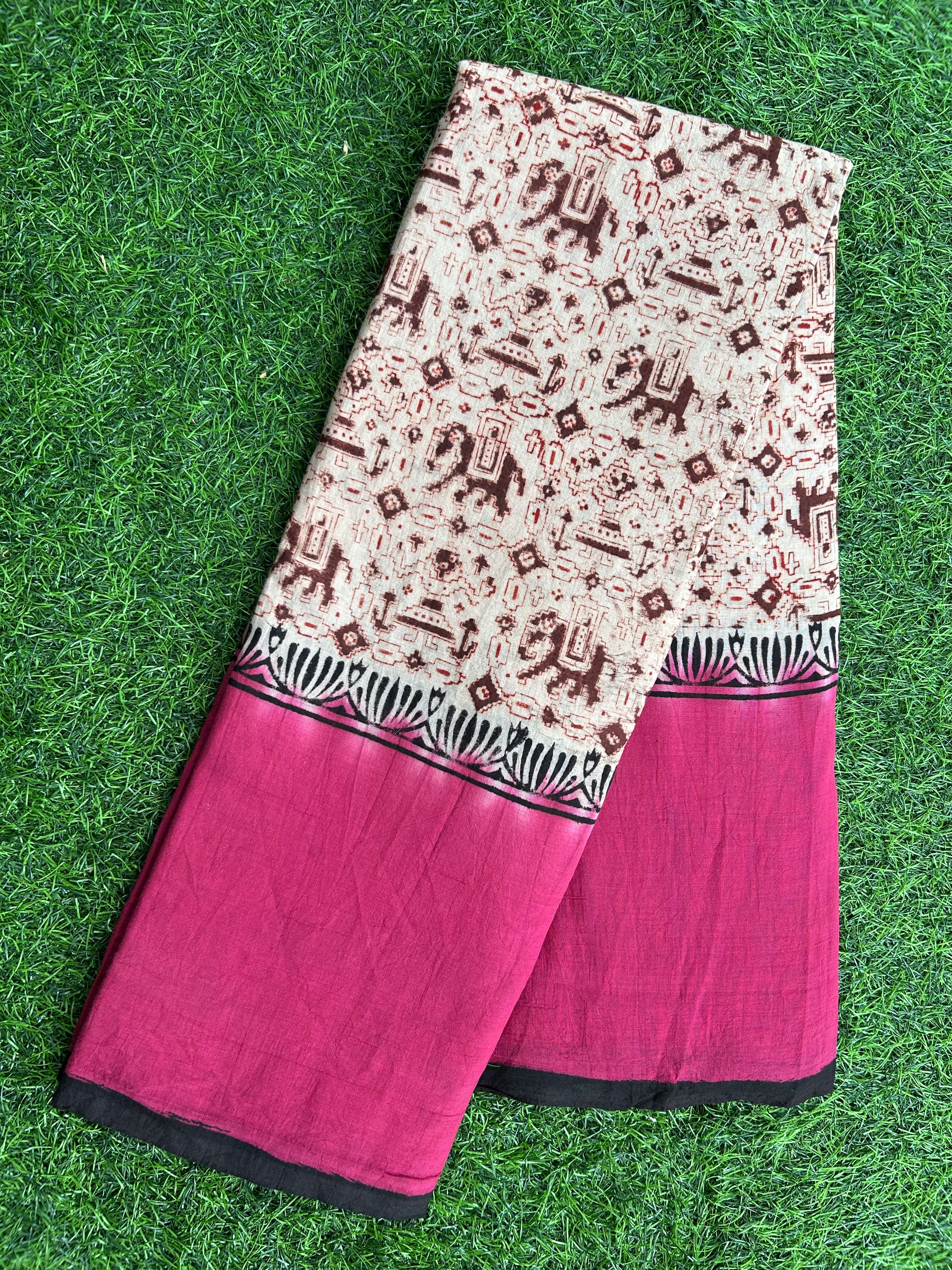 Kalamkari Cotton Hand Printed Gap Border Saree-KCS-HPGB-M036