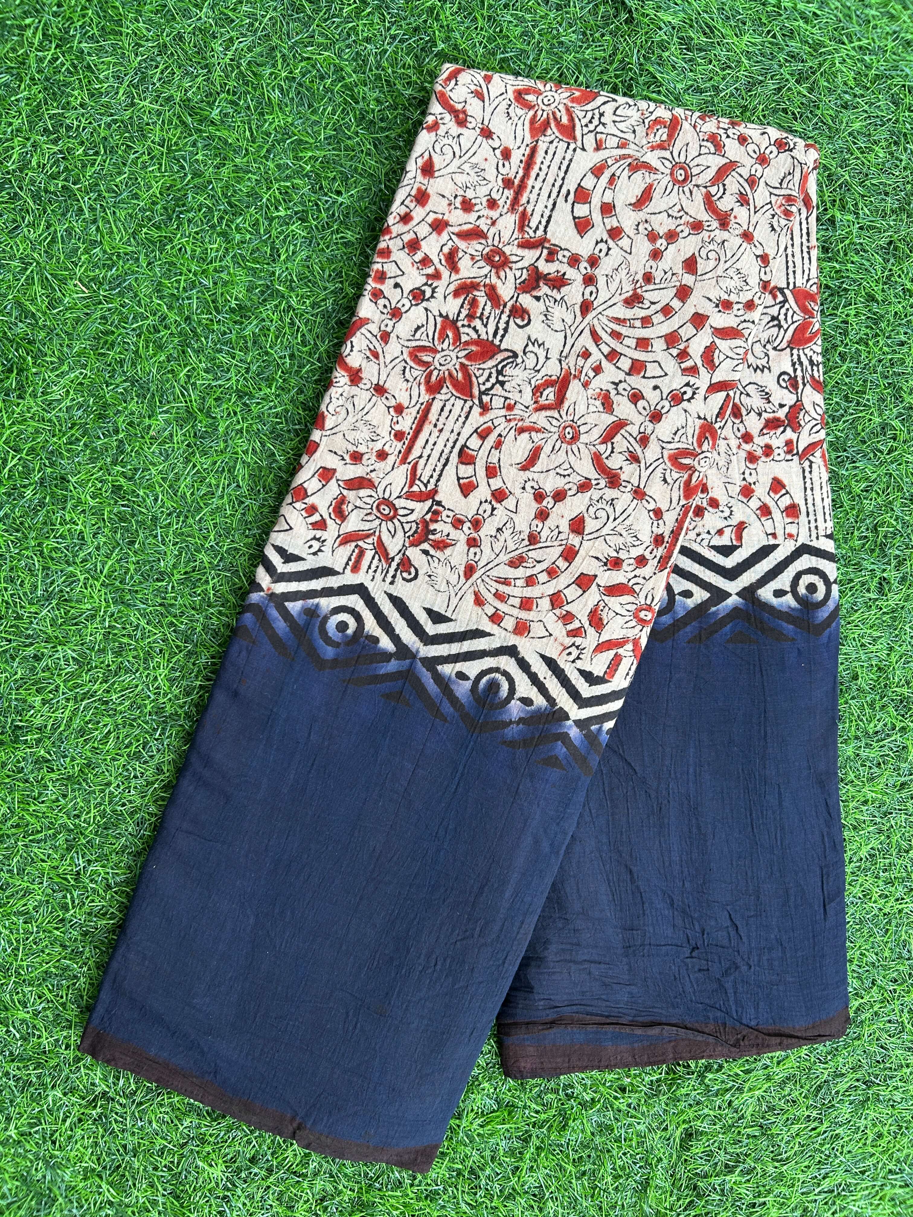 Kalamkari Cotton Hand Printed Gap Border Saree-KCS-HPGB-M071
