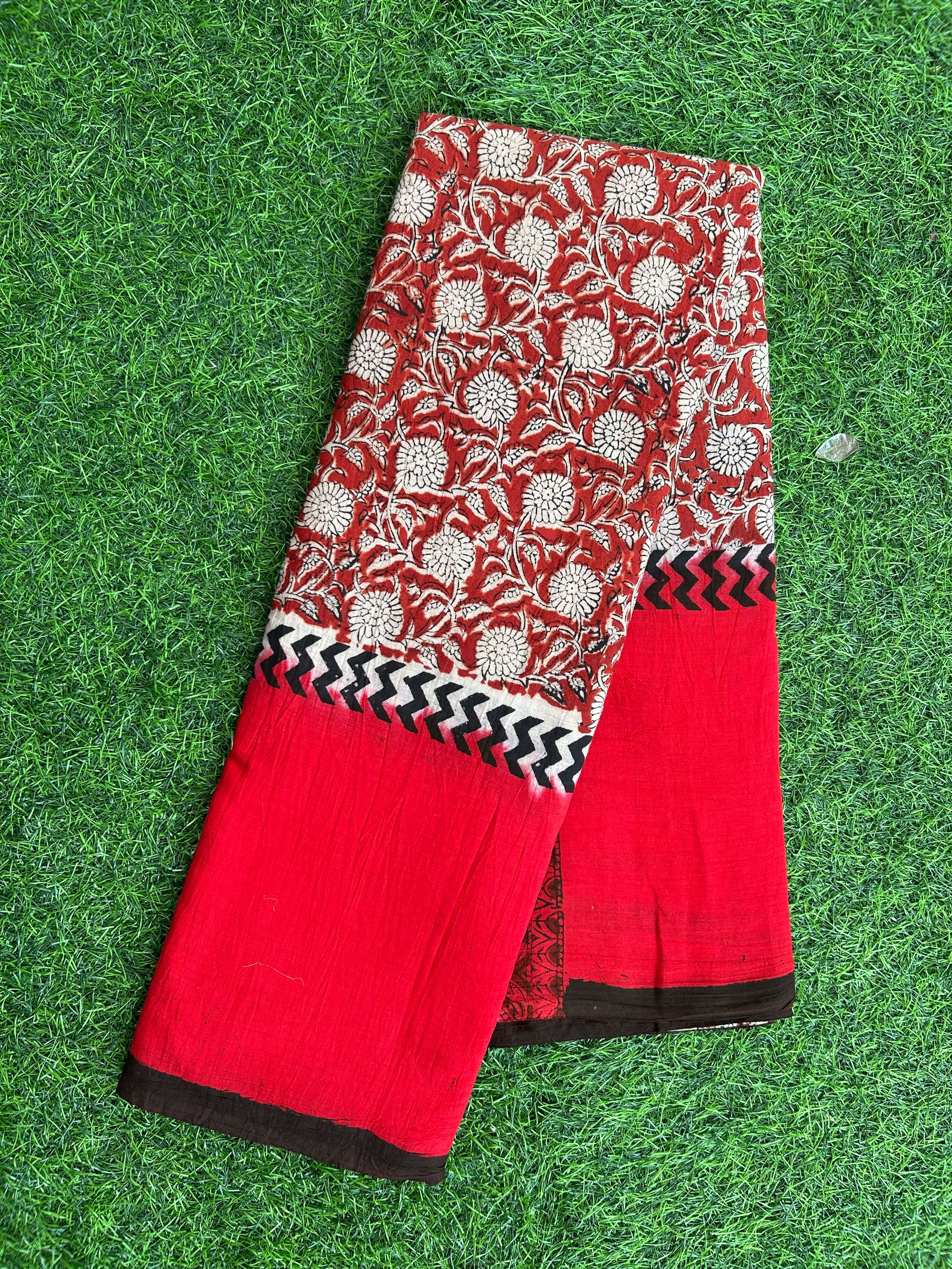 Kalamkari Cotton Hand Printed Gap Border Saree-KCS-HPGB-M030