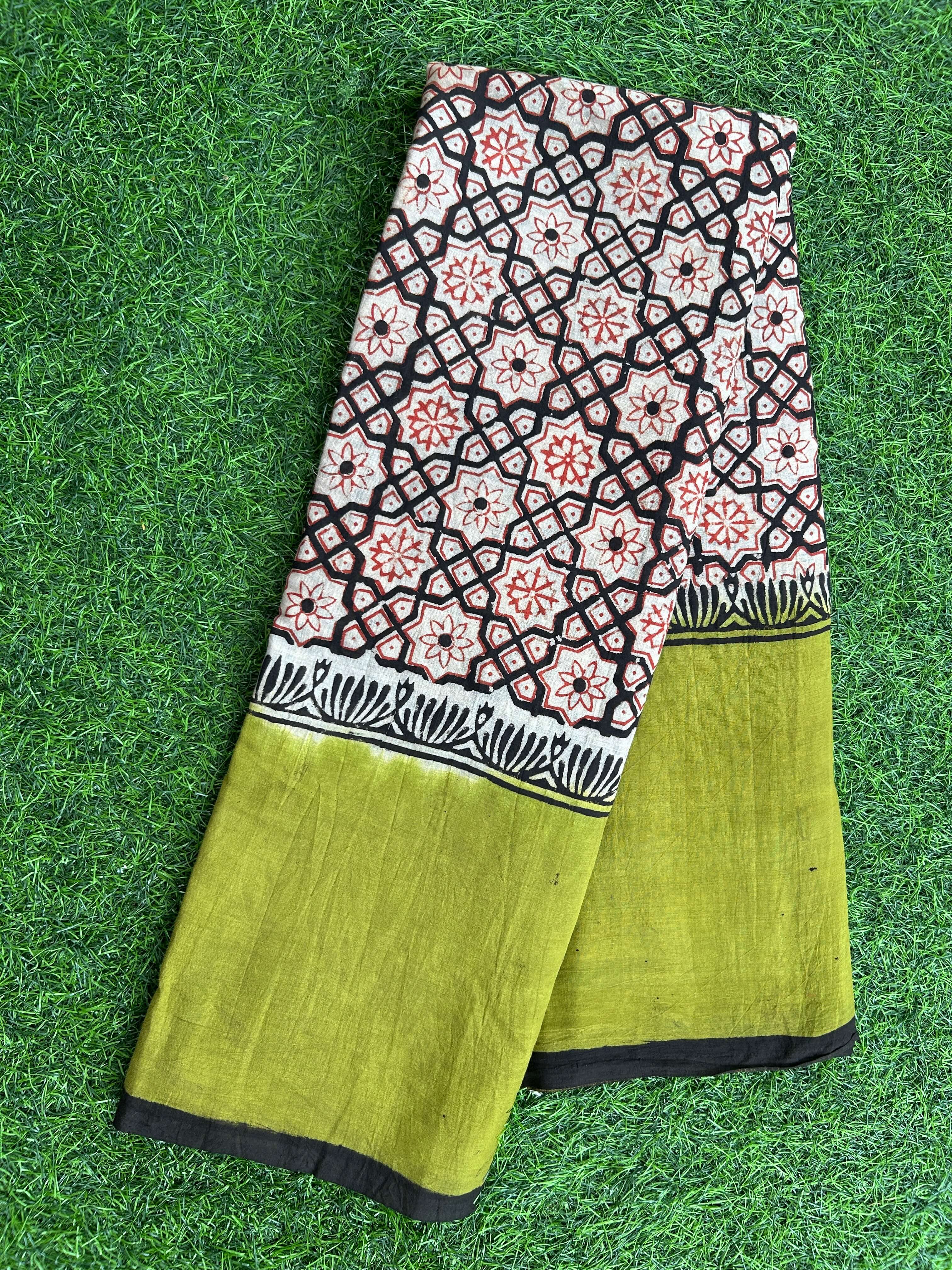 Kalamkari Cotton Hand Printed Gap Border Saree-KCS-HPGB-M029