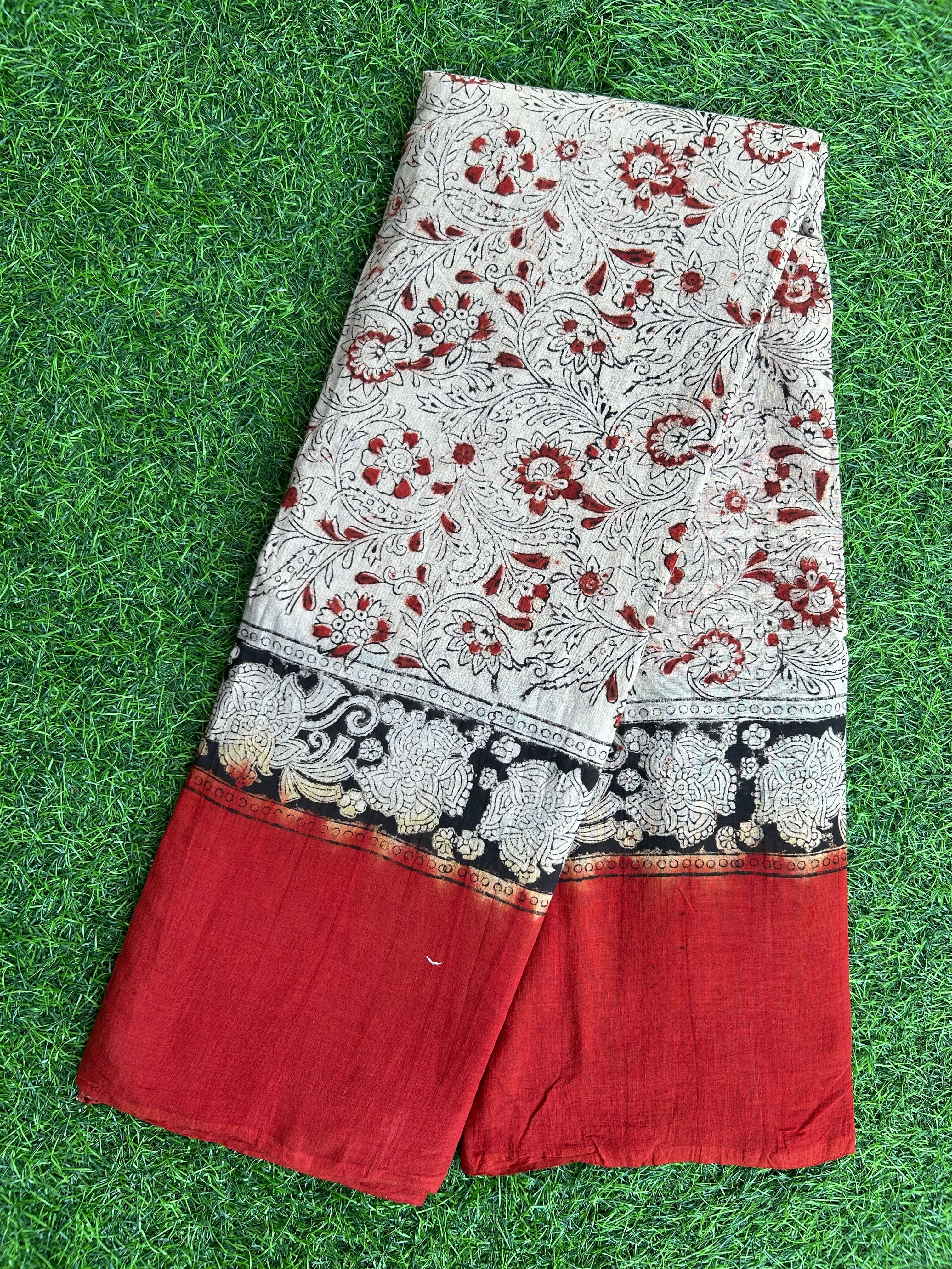 Kalamkari Cotton Hand Printed Gap Border Saree-KCS-HPGB-M025