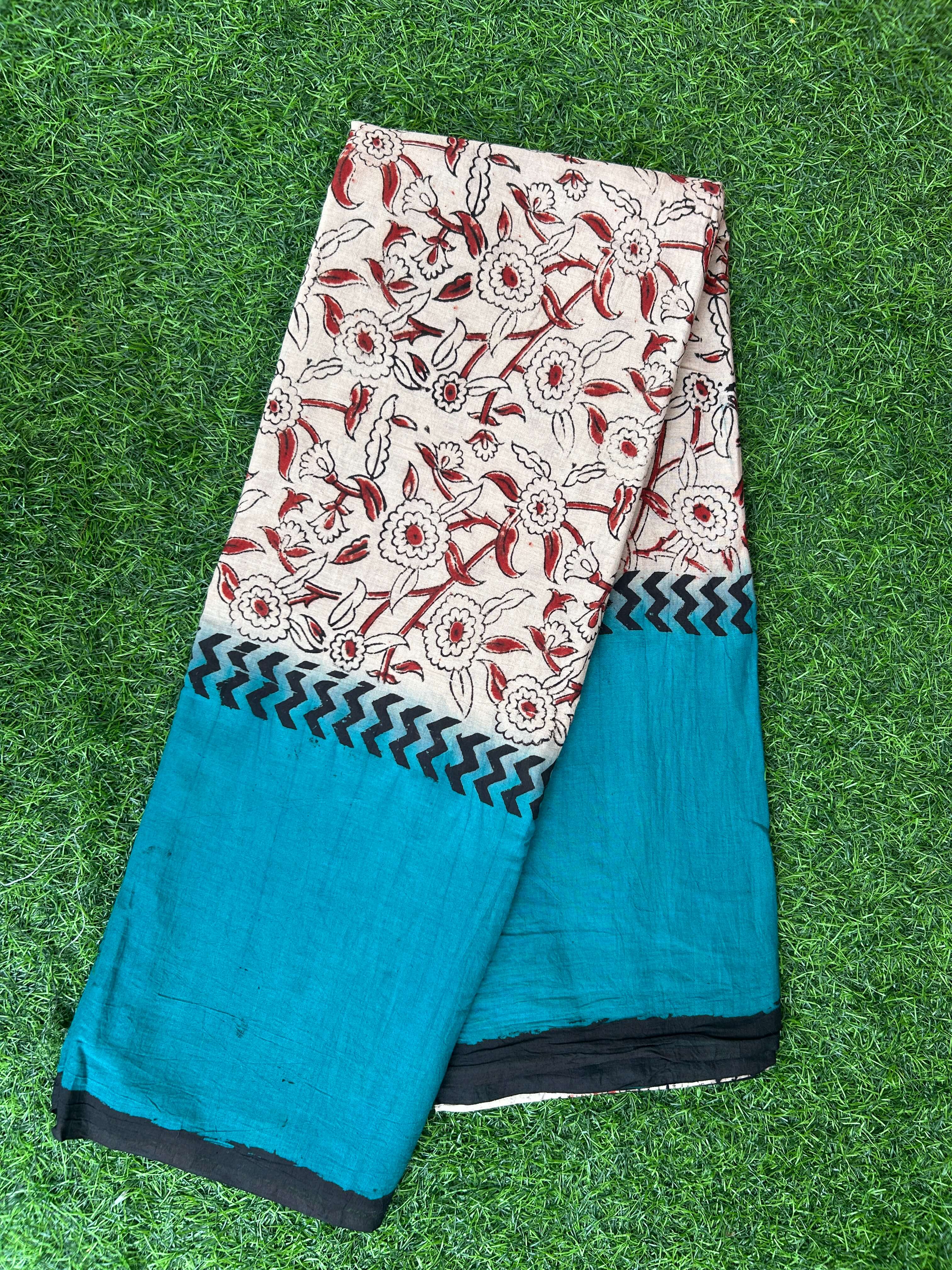 Kalamkari Cotton Hand Printed Gap Border Saree-KCS-HPGB-M058