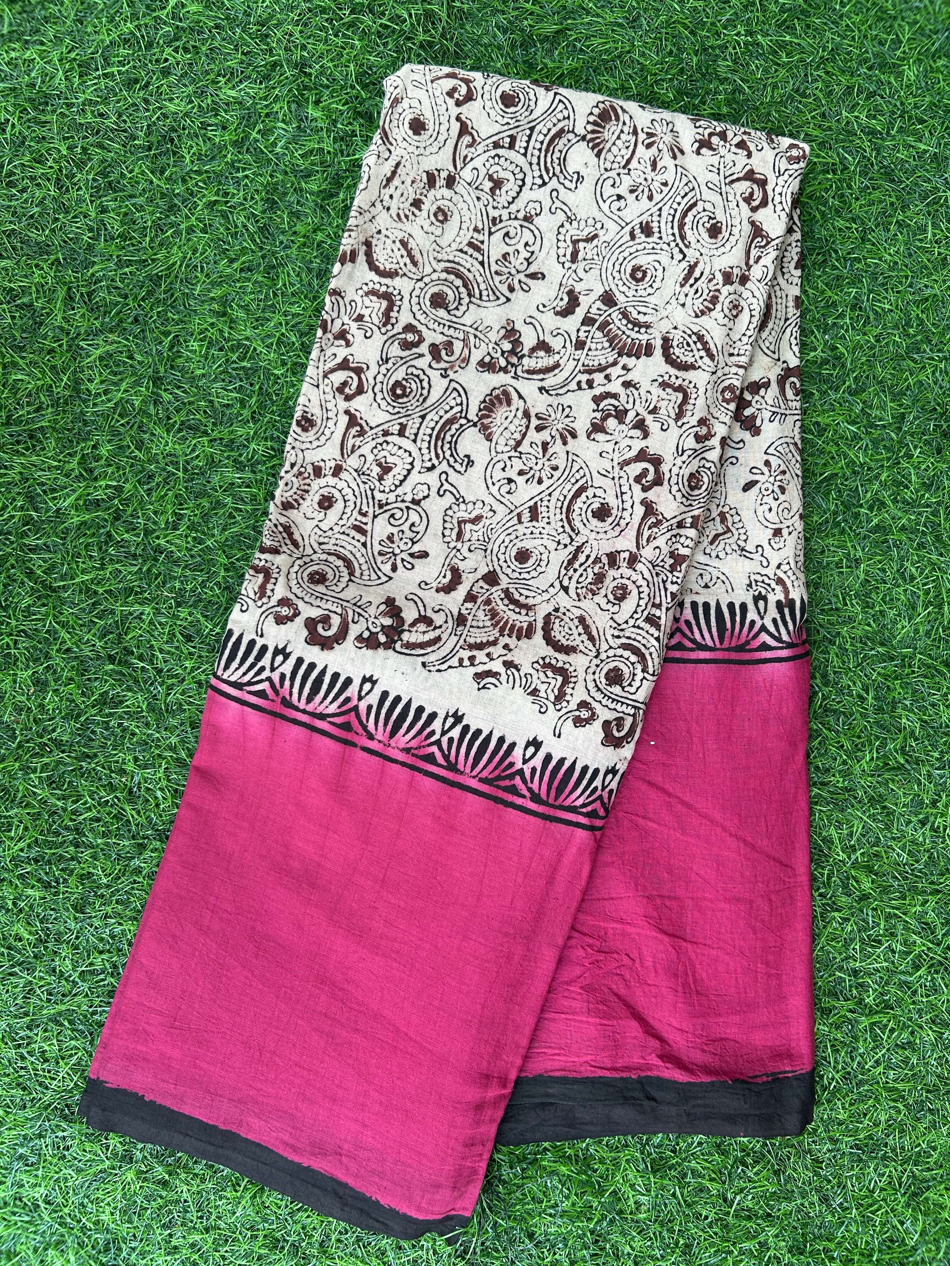 Kalamkari Cotton Hand Printed Gap Border Saree-KCS-HPGB-M052