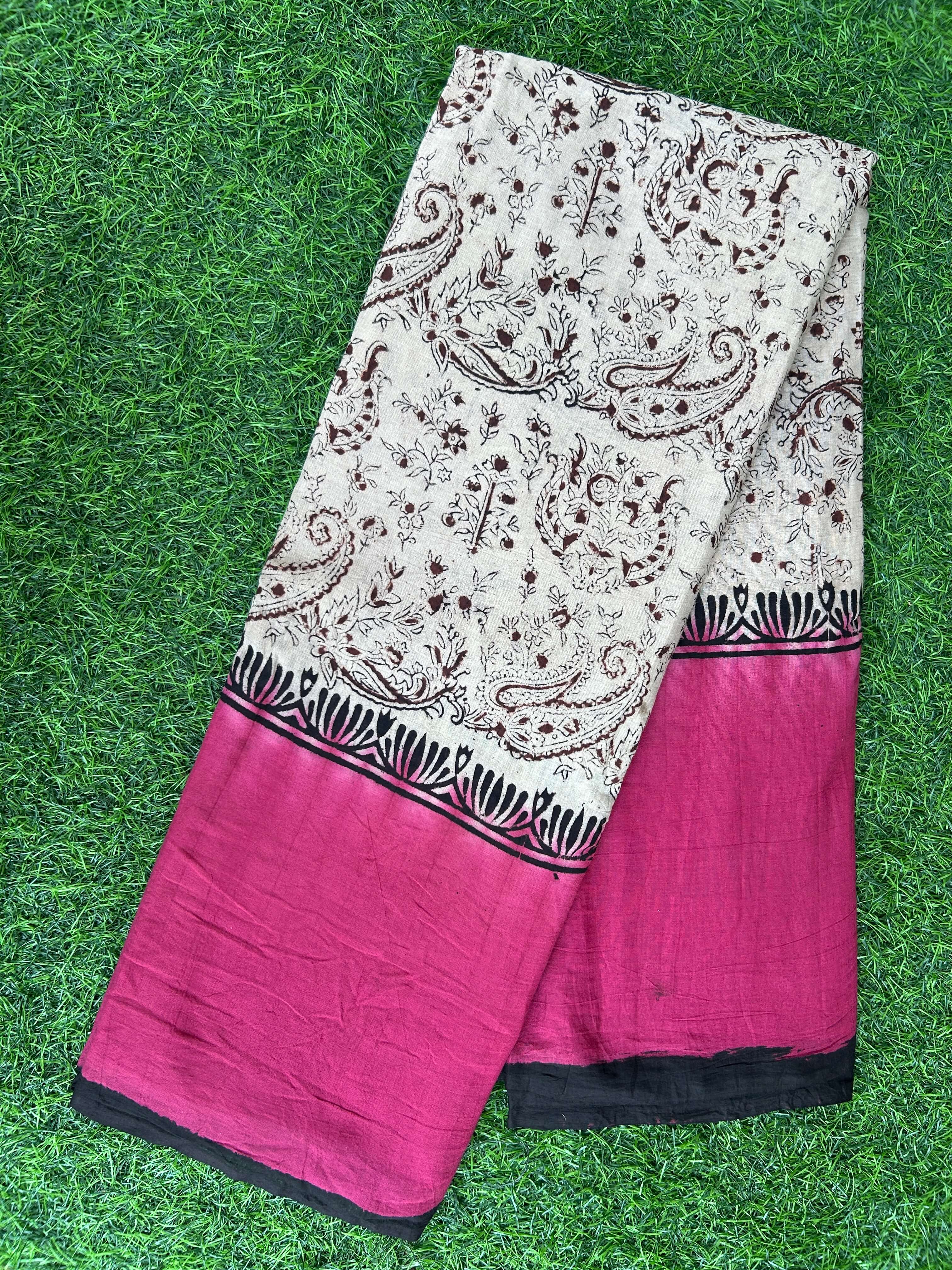 Kalamkari Cotton Hand Printed Gap Border Saree-KCS-HPGB-M047