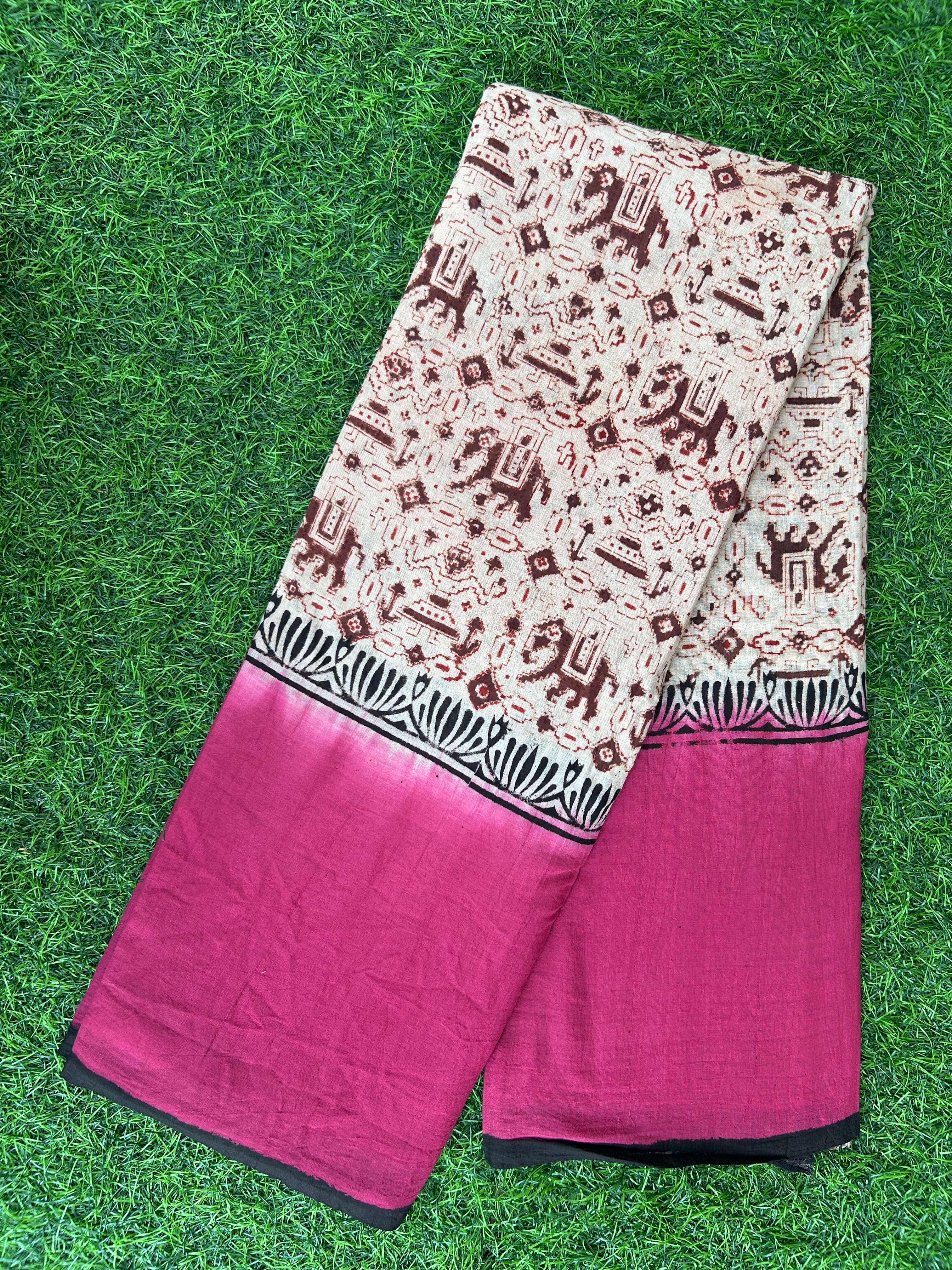 Kalamkari Cotton Hand Printed Gap Border Saree-KCS-HPGB-M048