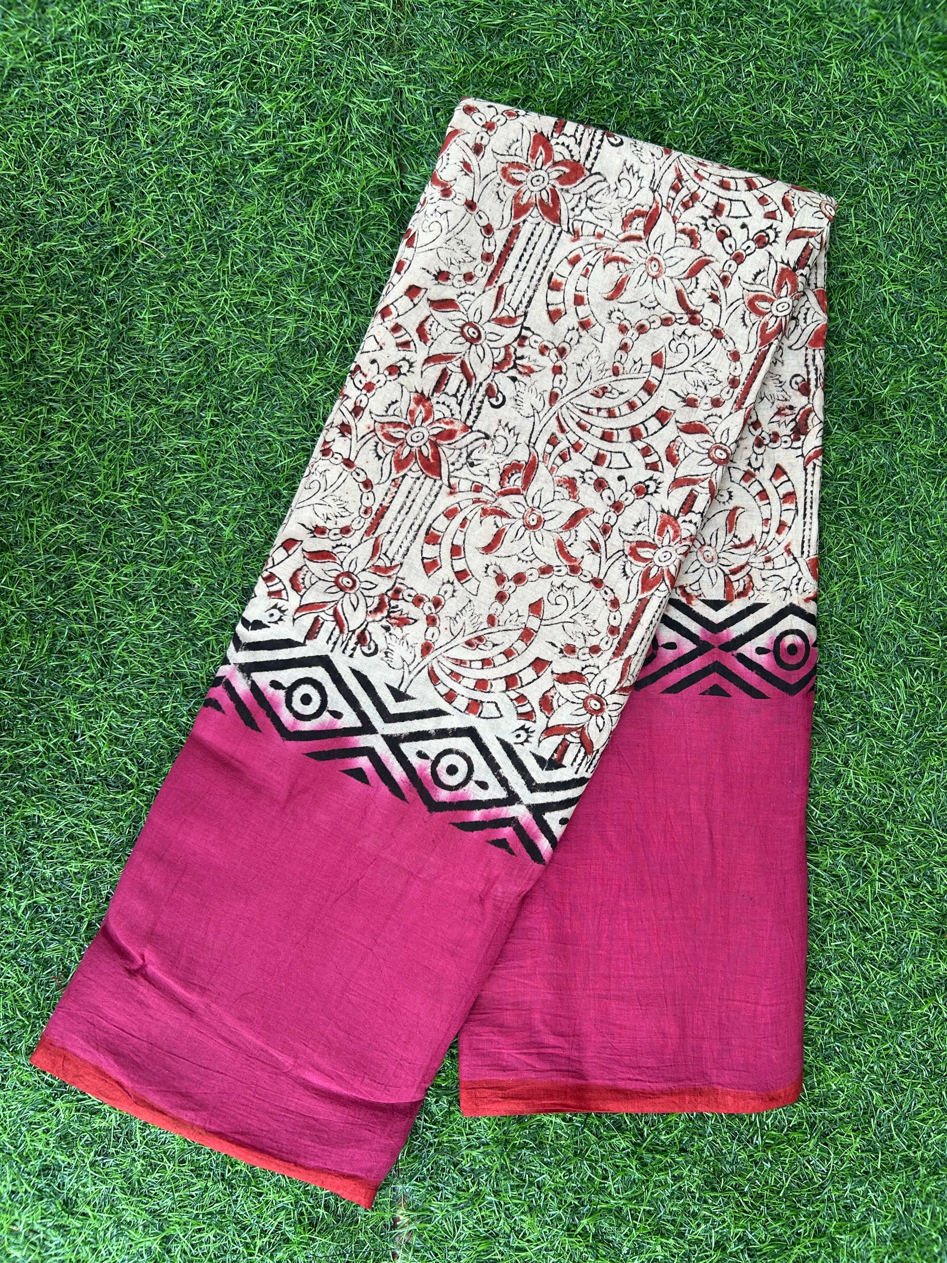 Kalamkari Cotton Hand Printed Gap Border Saree-KCS-HPGB-M049