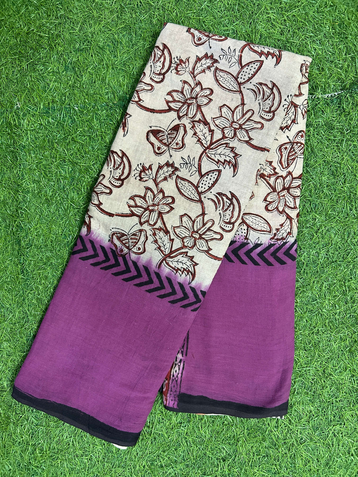 Tie & Dye Kalamkari Cotton handprinted Gap border Saree KCS-HPGB-M024