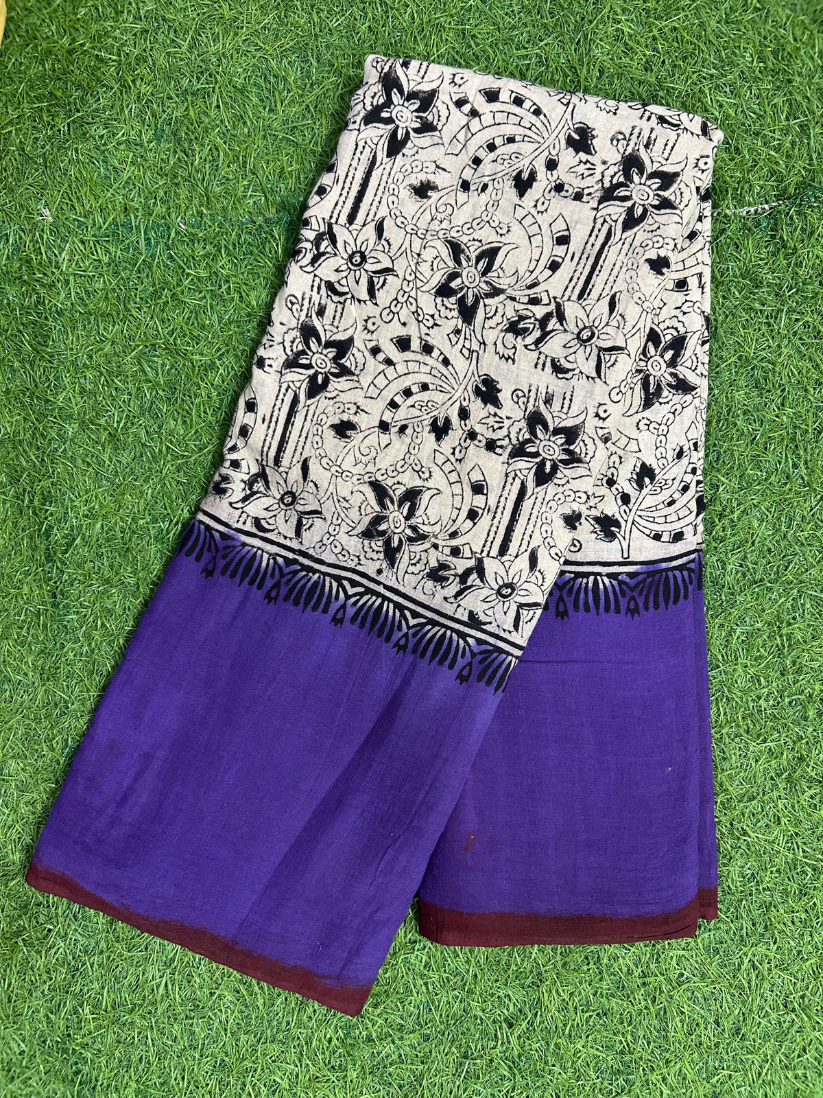 Tie & Dye Kalamkari Cotton handprinted Gap border Saree KCS-HPGB-M025