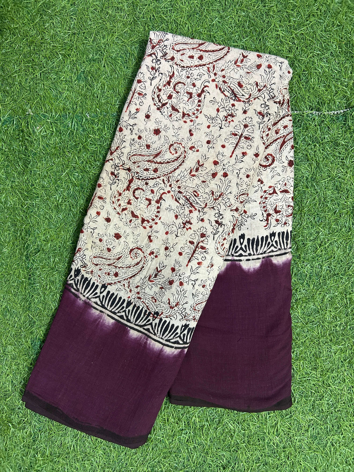 Tie & Dye Kalamkari Cotton handprinted Gap border Saree KCS-HPGB-M026