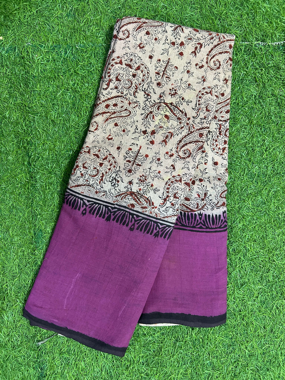 Tie & Dye Kalamkari Cotton handprinted Gap border Saree KCS-HPGB-M027
