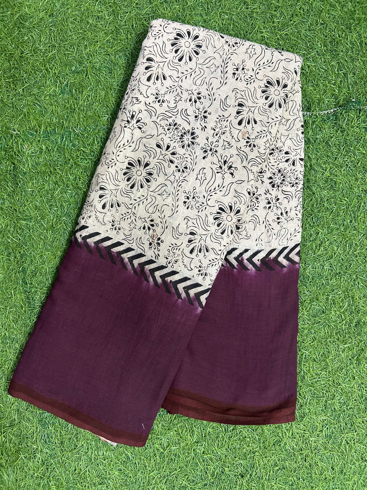 Tie & Dye Kalamkari Cotton handprinted Gap border Saree KCS-HPGB-M028