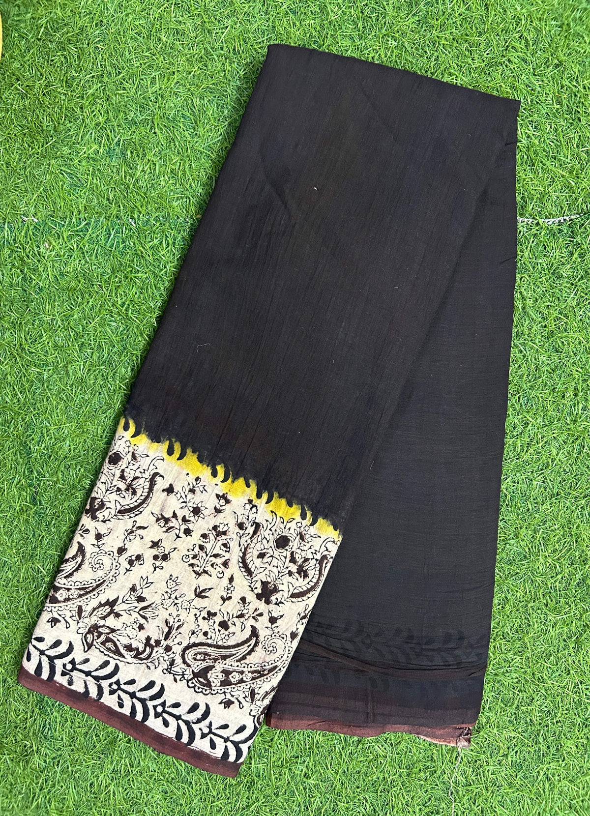Tie & Dye Kalamkari Cotton handprinted Gap border Saree KCS-HPGB-M011