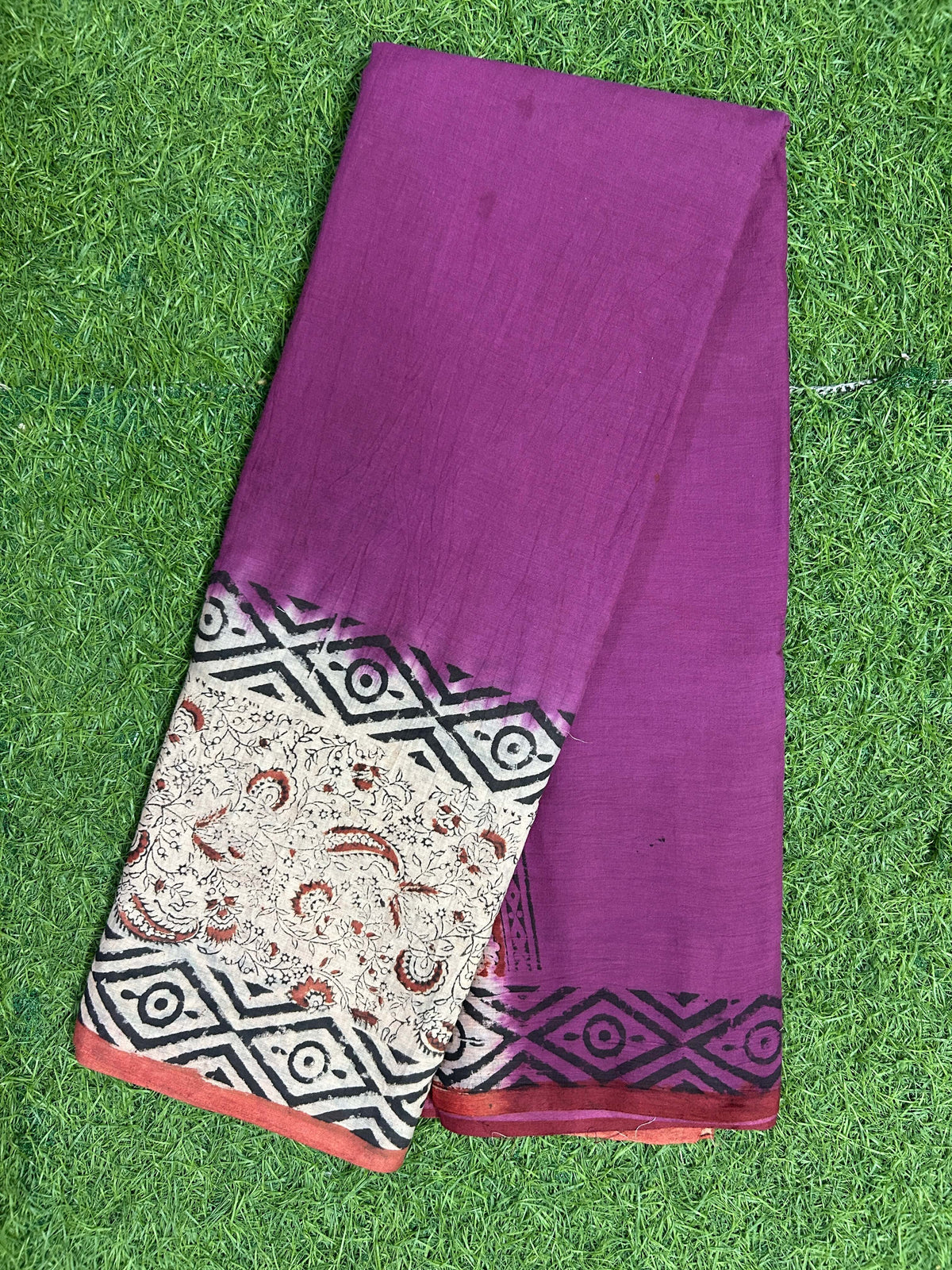 Tie & Dye Kalamkari Cotton handprinted Gap border Saree KCS-HPGB-M012